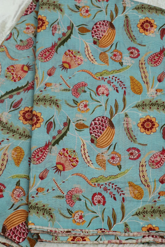Celeste Blue Multi Floral & Pomagranate Printed Chanderi Woven Fabric