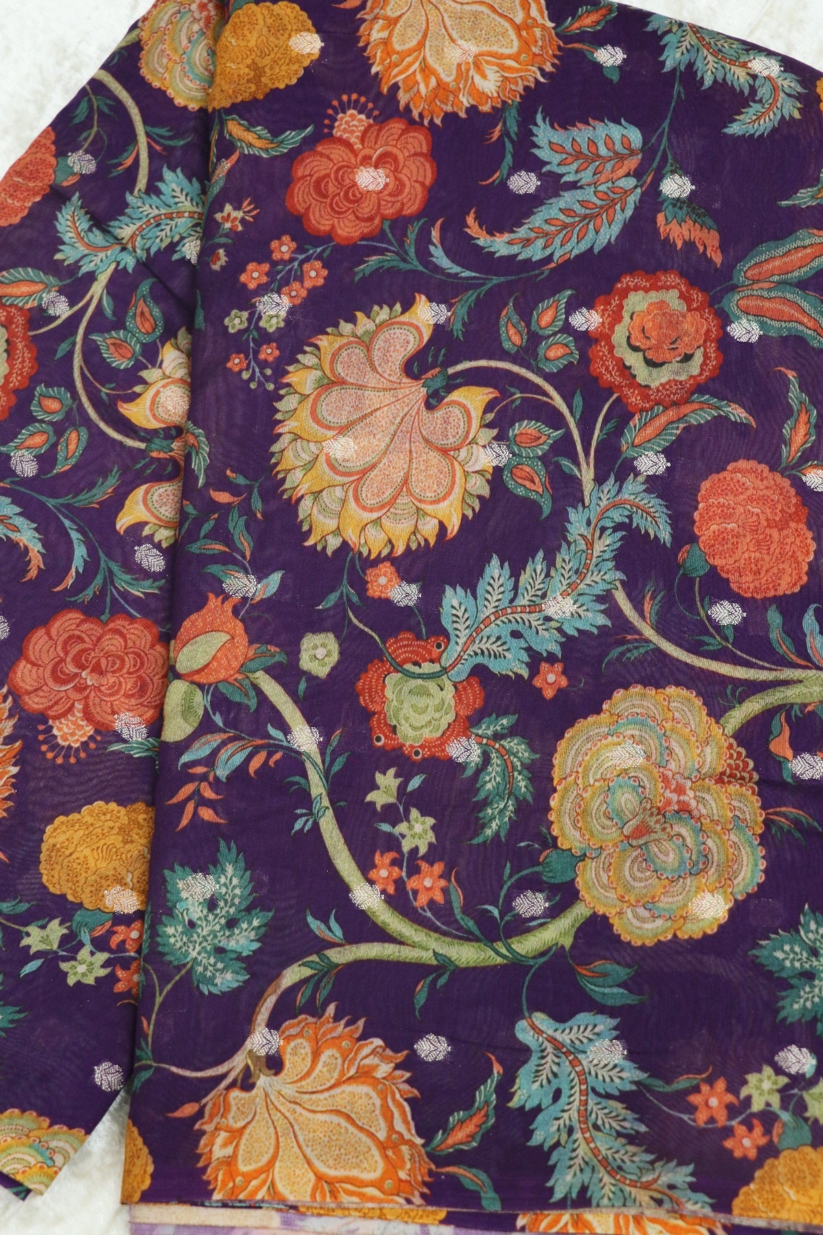 Pure Chanderi Cone Flower & Marigold Floral Printed Woven Fabric