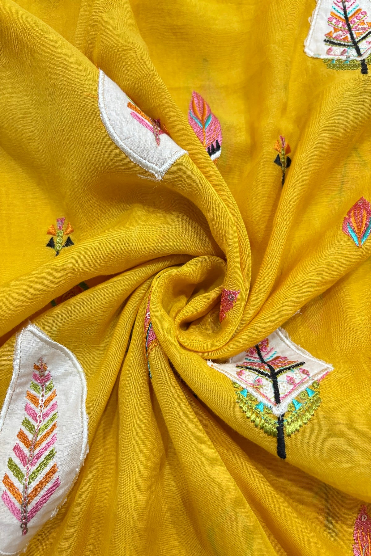 Multithreaded Pines Embroidered Silk Mul Chanderi Fabric