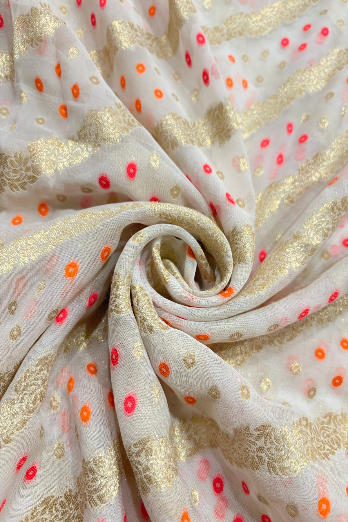 Banaras Bhandani Meenakari With Cross Zari Woven White Dyeable Dola Silk Fabric