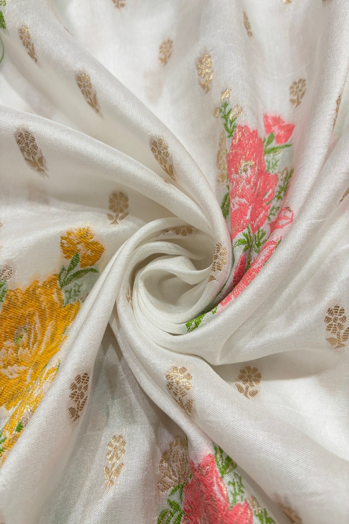 Peach & Yellow Floral Bunches With Zari Woven White Dyeable Dola Silk Fabric