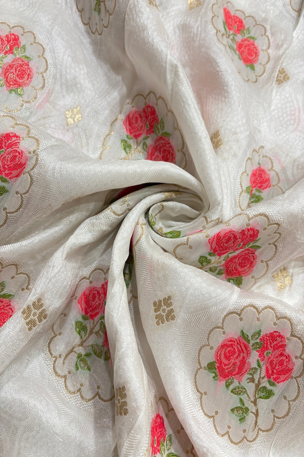 Three Pink Roses & Zari Jacquard Woven White Dyeable Dola Silk Fabric