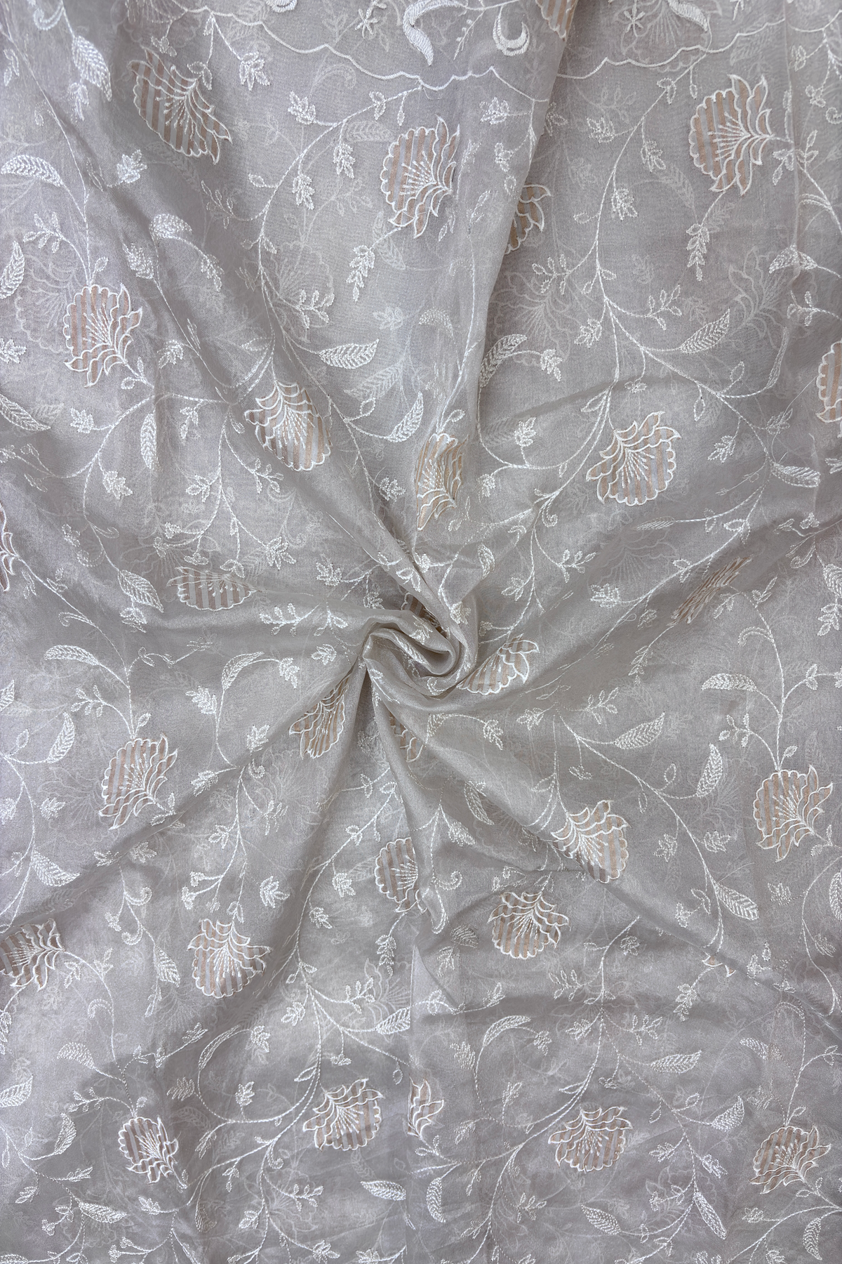 Pure Silver Organza Tissue All Over Floral Applique Embroidered With Scallop Border