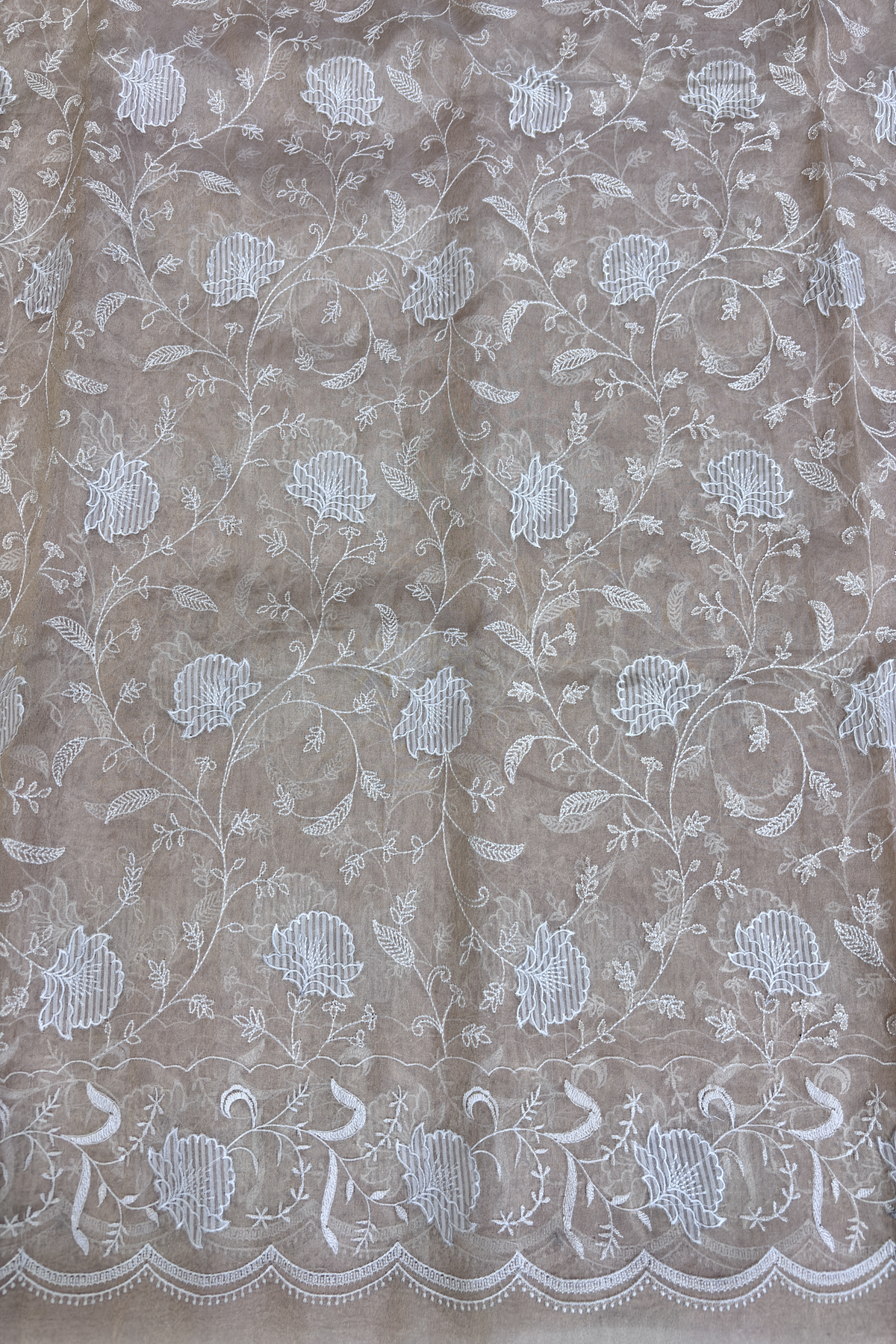 Light Gold Organza Tissue AllOver Floral Applique Embroidered With Scallop Border