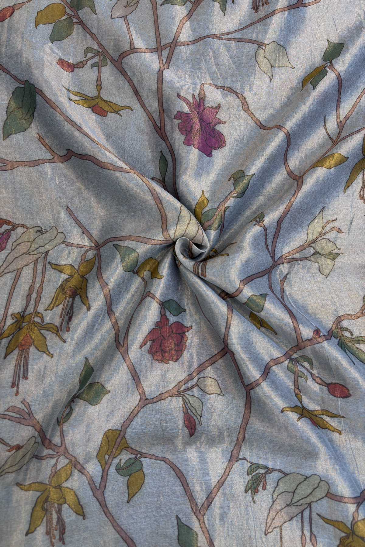 Ice Berg Blue Pure Banaras Chanderi Tissue Floral Theme Printed Fabric