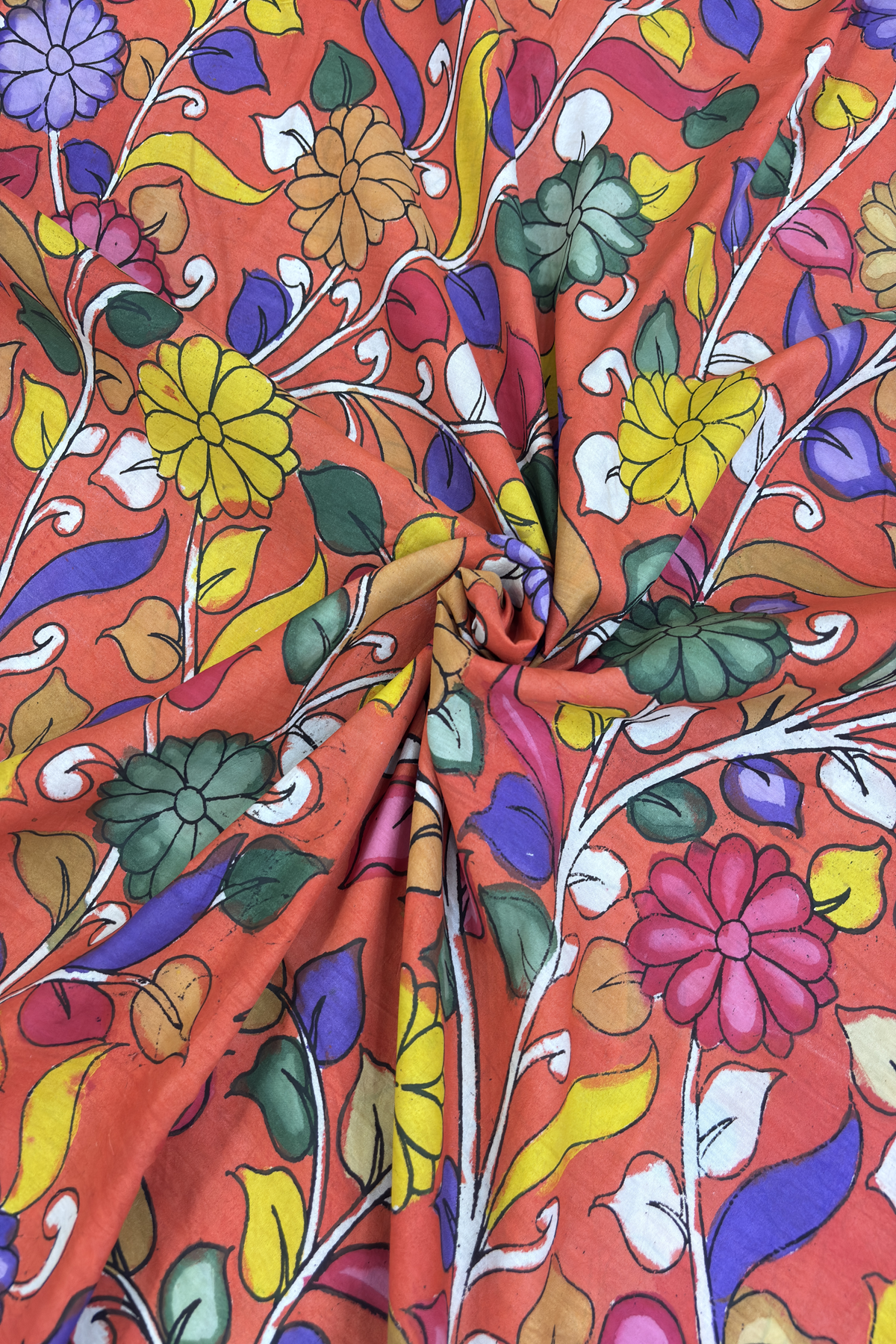 Burnt Orange Pure Pen Hand painted Kalamkari Fabric