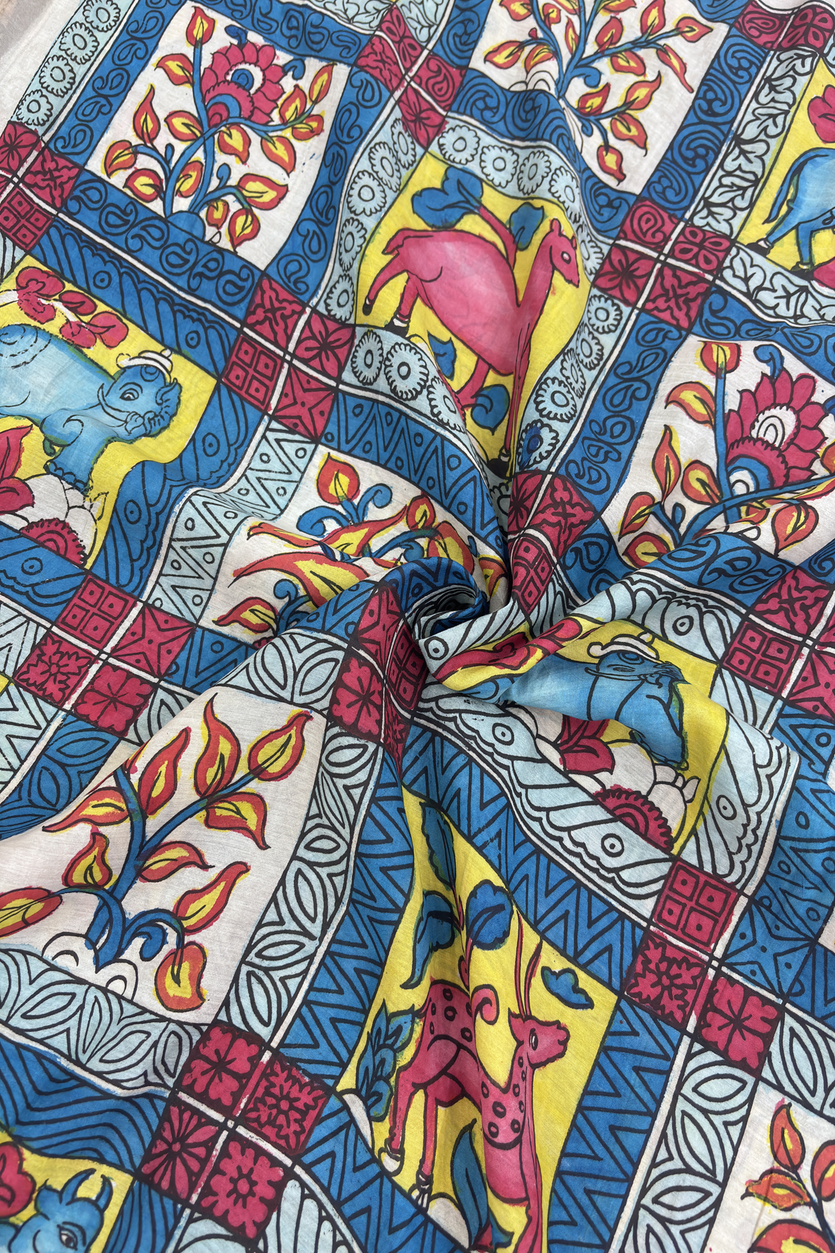 Hues Of White & Blue Pure Pen Hand painted Kalamkari Fabric