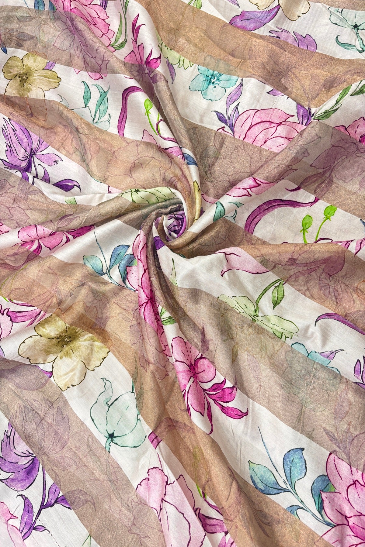 Pink & Purple Floral Printed Pure Tissue Organza & Chiniya Fusion Fabric