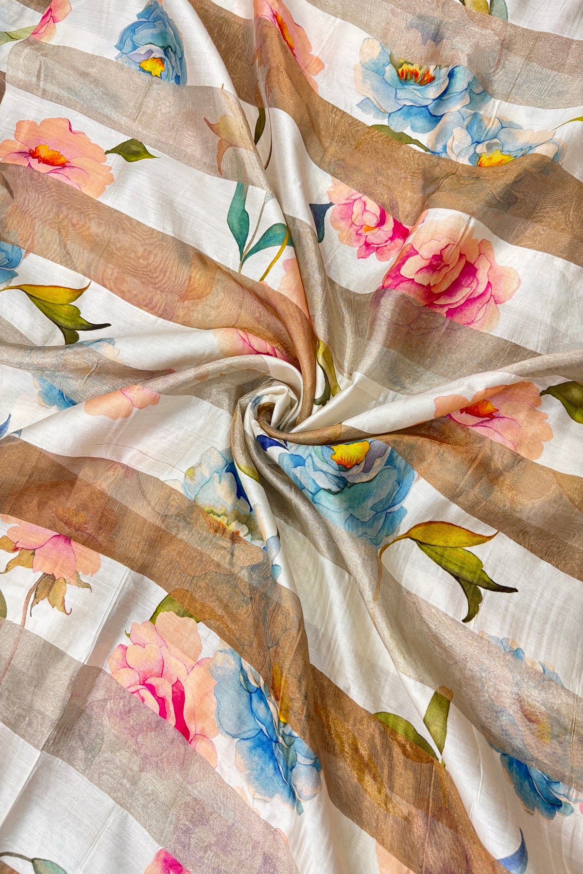 Blue & Peach Floral Printed Pure Tissue Organza & Chiniya Fusion Fabric