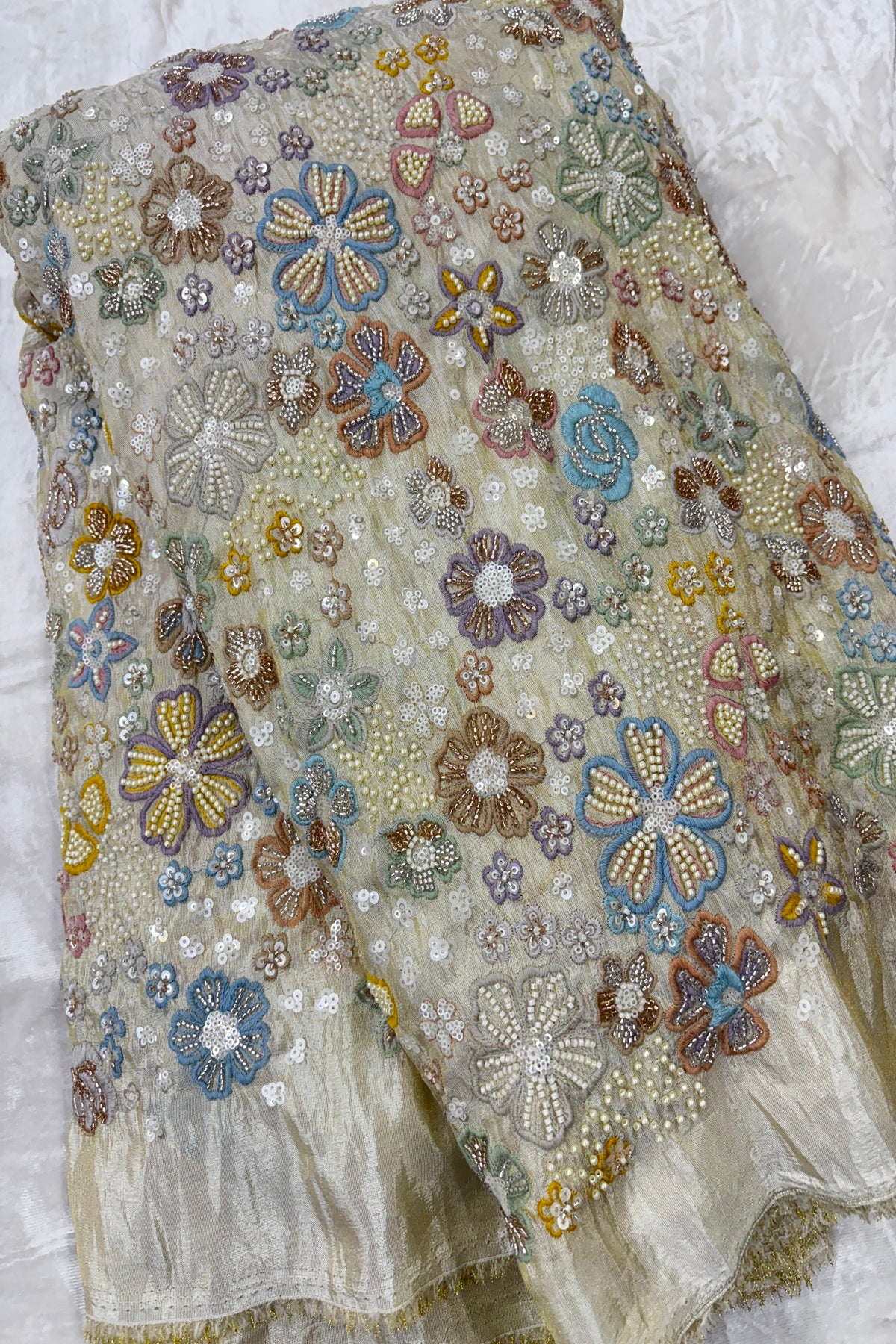 Multi Floral Embroidered Tissue Dyeable Fabric Highlighted With Pearls,Sequins & Cutbeads