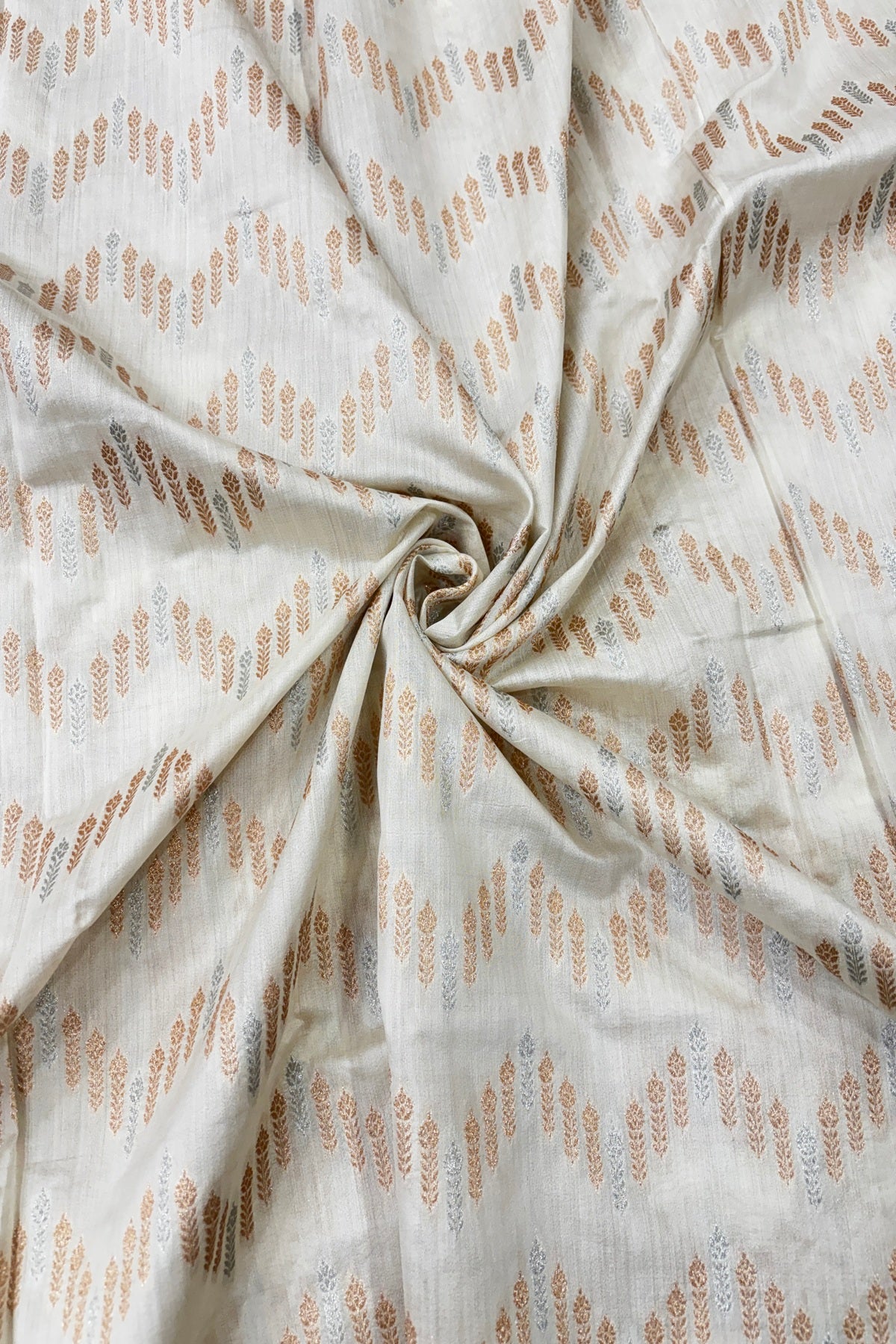 Gold & Silver Zari Mughal Motif Waves Patterned Pure Banaras Chiniya Dyeable Fabric