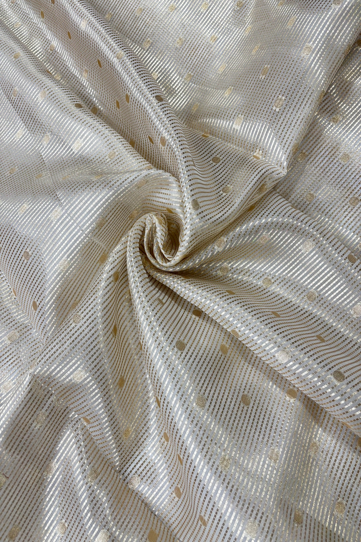 Pure Organza Gold Horizontal Lines & Polka Dots Woven White Dyeable Fabric