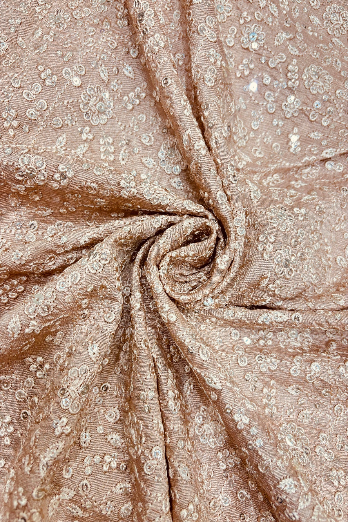 Chikankari Style Embroidered With Sequins Embelished Pure Falling Rawsilk Fabric