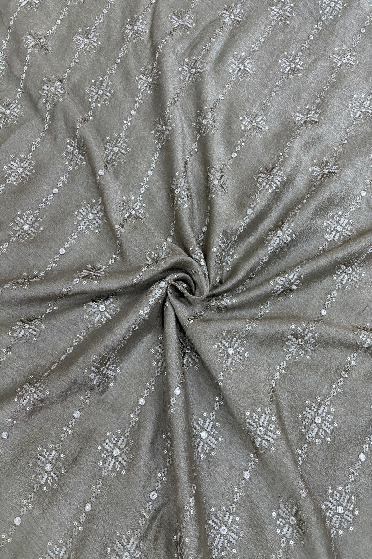 Greyish Olive Green Crosstich Work Highlighted With Sequins & Mirror Falling Rawsilk Fabric