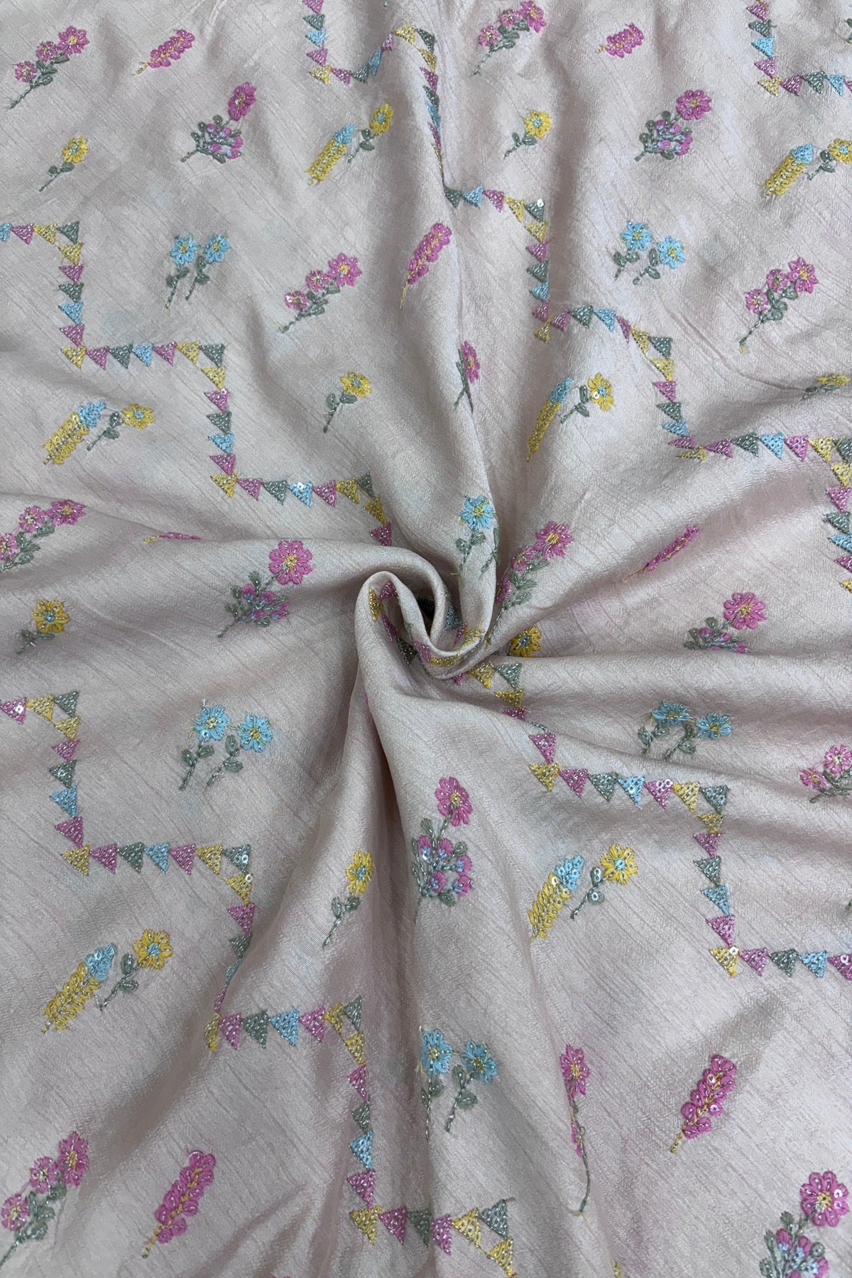 Powder Peach Cross Wave Patterns Embroidered With Multi Threads Highlighted With Sequins Falling Rawsilk Fabric