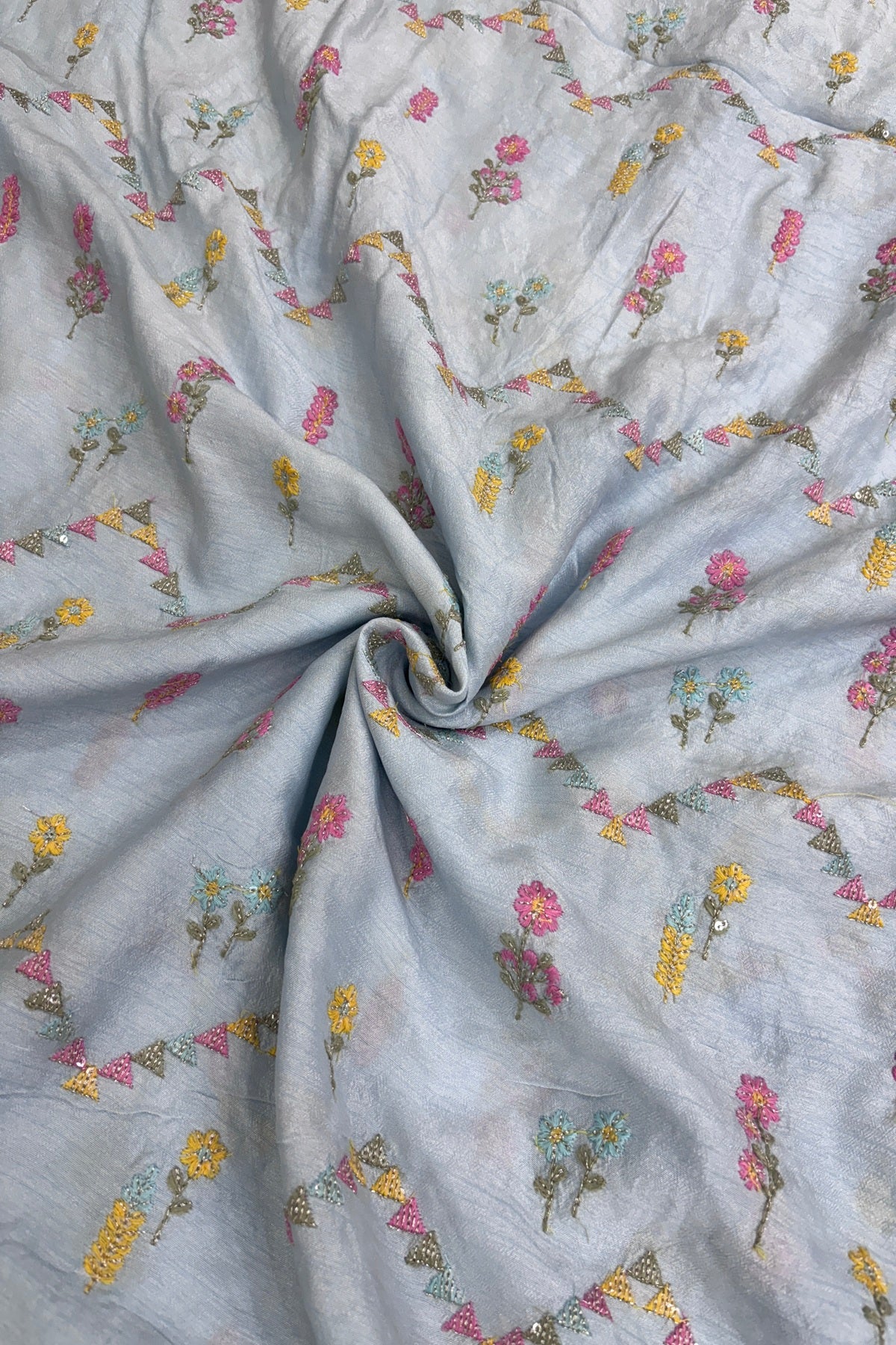 Powder Blue Cross Wave Patterns Embroidered With Multi Threads Highlighted With Sequins Falling Rawsilk Fabric