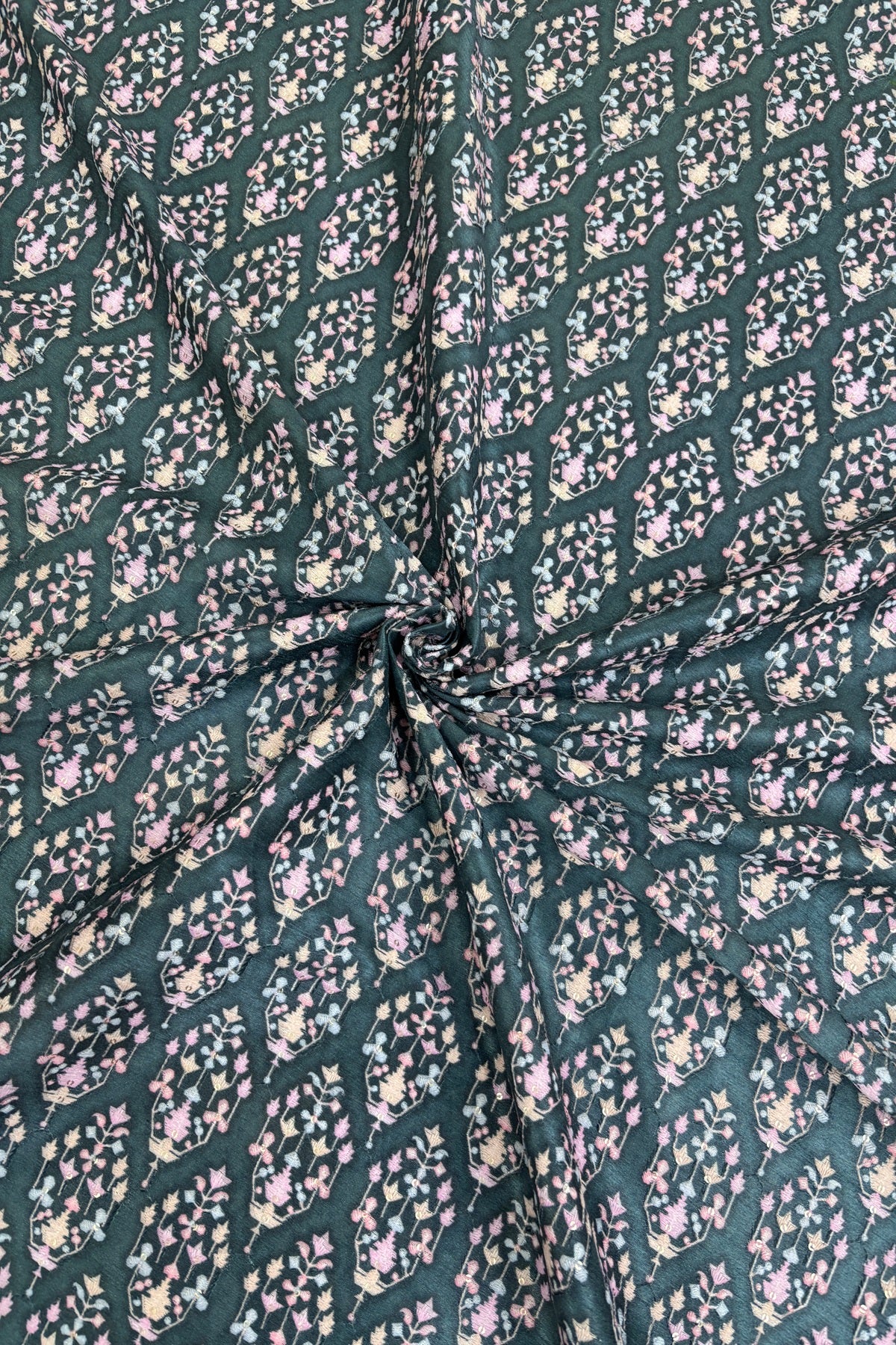 Charcoal Grey Mughal Motifs Embroidered & Highlighted With Sequins Rawsilk fabric