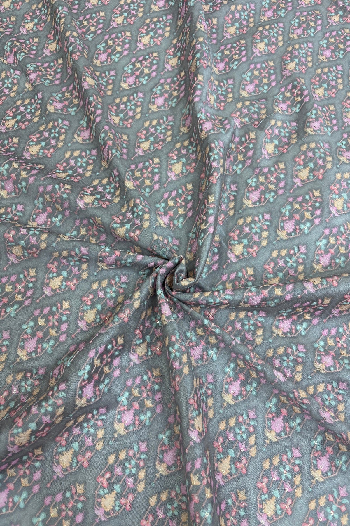 Light Grey Mughal Motifs Embroidered & Highlighted With Sequins Rawsilk fabric