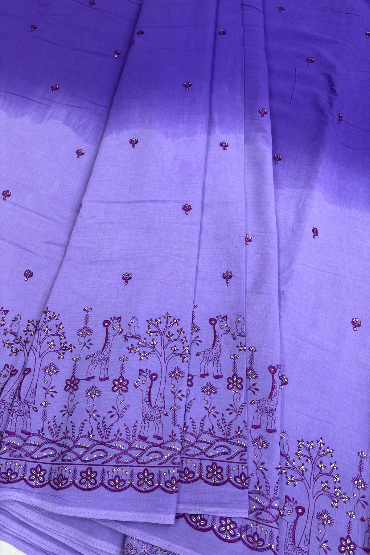 Shades Of Lavander & Purple Jungle Theme Embroiderey With Scallop Border Highligted With Sequins Kora Cotton Fabric