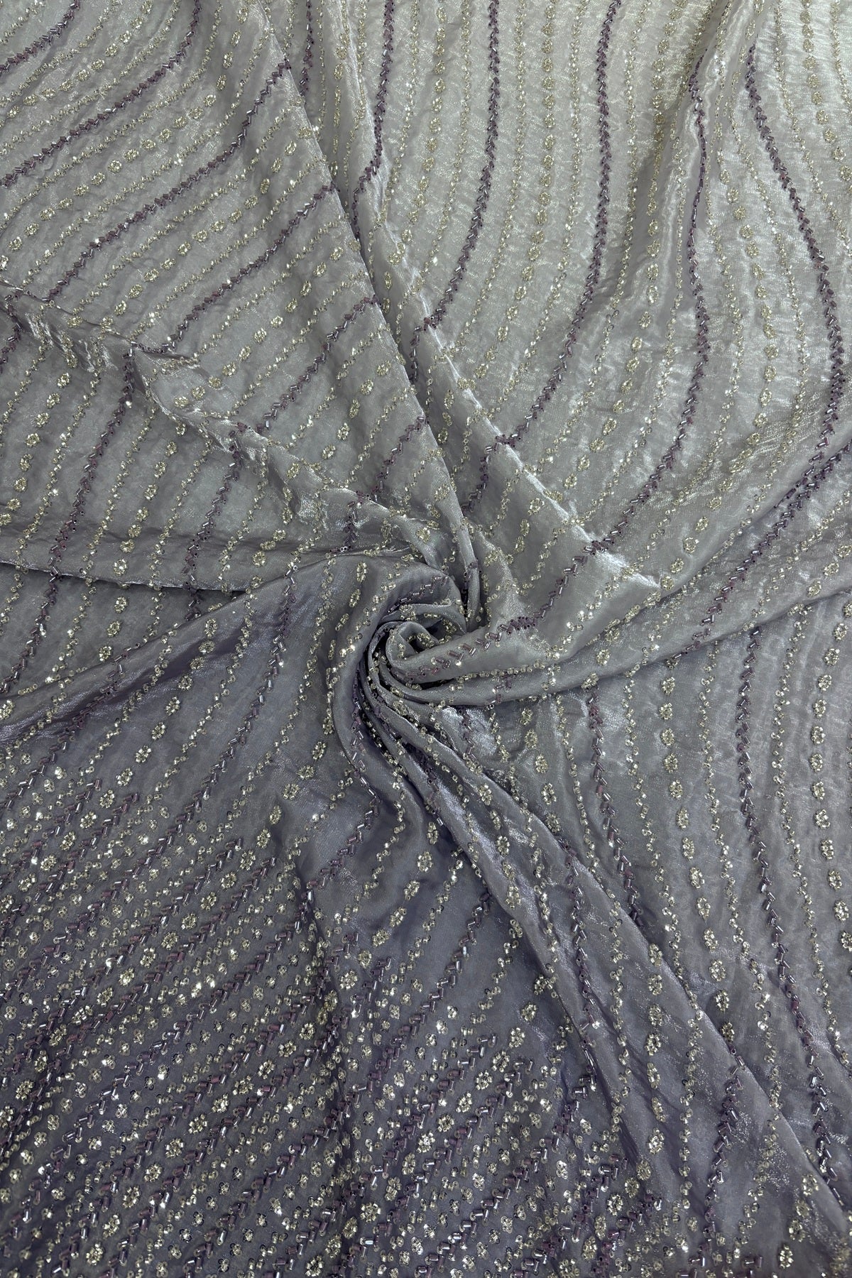 Hues Of Lavender Cross Wave Pattern Embroidered With Cutbeads & Sequins Space Silk Fabric