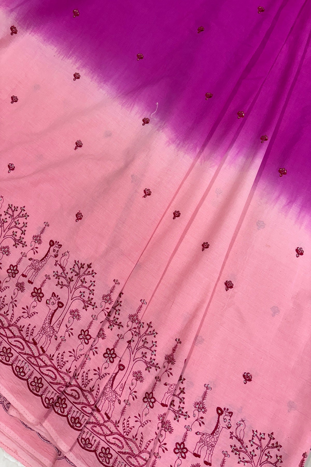 Hues Of PinkJungle Theme Embroiderey With Scallop Border Highligted With Sequins Kora Cotton Fabric