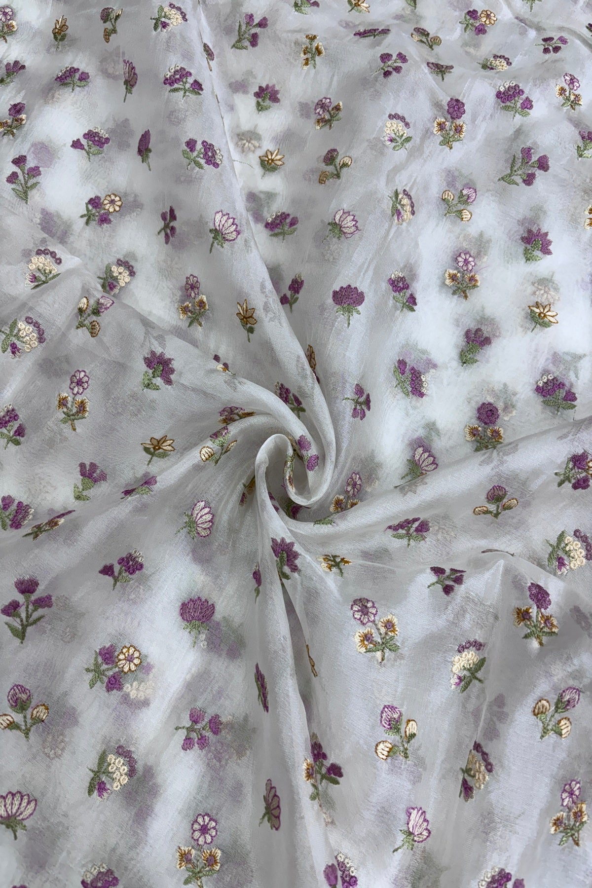 Pure Organza Pink & Yellow Floral Embroidered White Dyeable Fabric