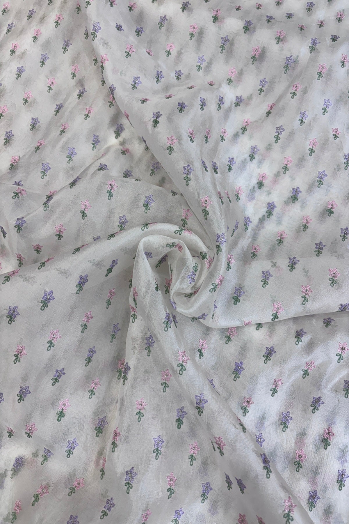Pure Organza Pink & Lavender Floral Embroidered White Dyeable Fabric