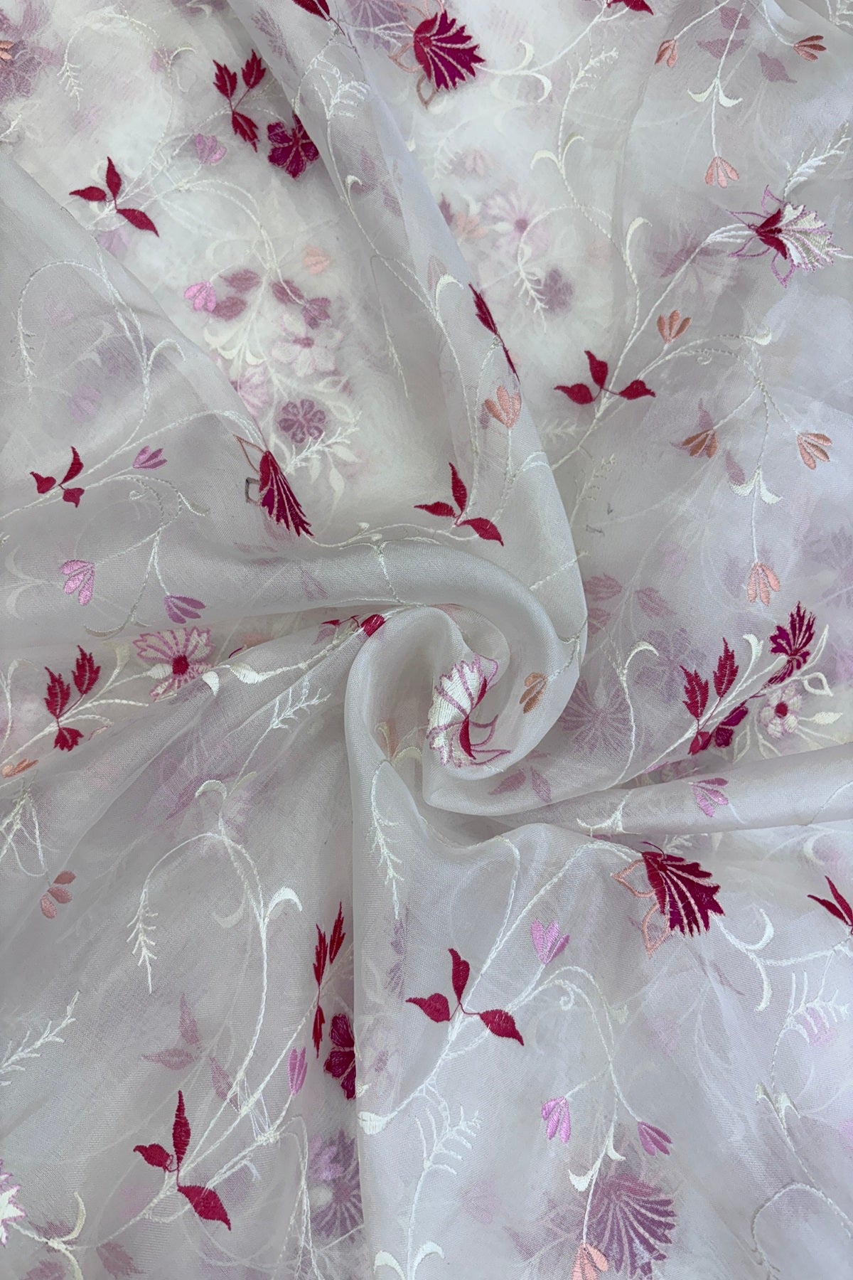 Pure Organza Pink & Peach Floral Creeper Embroidered White Dyeable Fabric