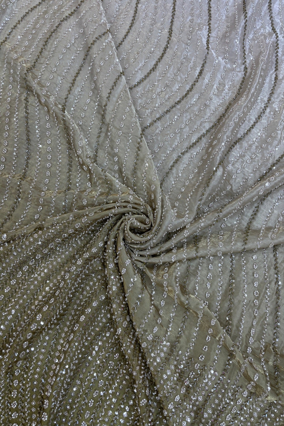 Hues Of Olive Green Cross Wave Pattern Embroidered With Cutbeads & Sequins Space Silk Fabric