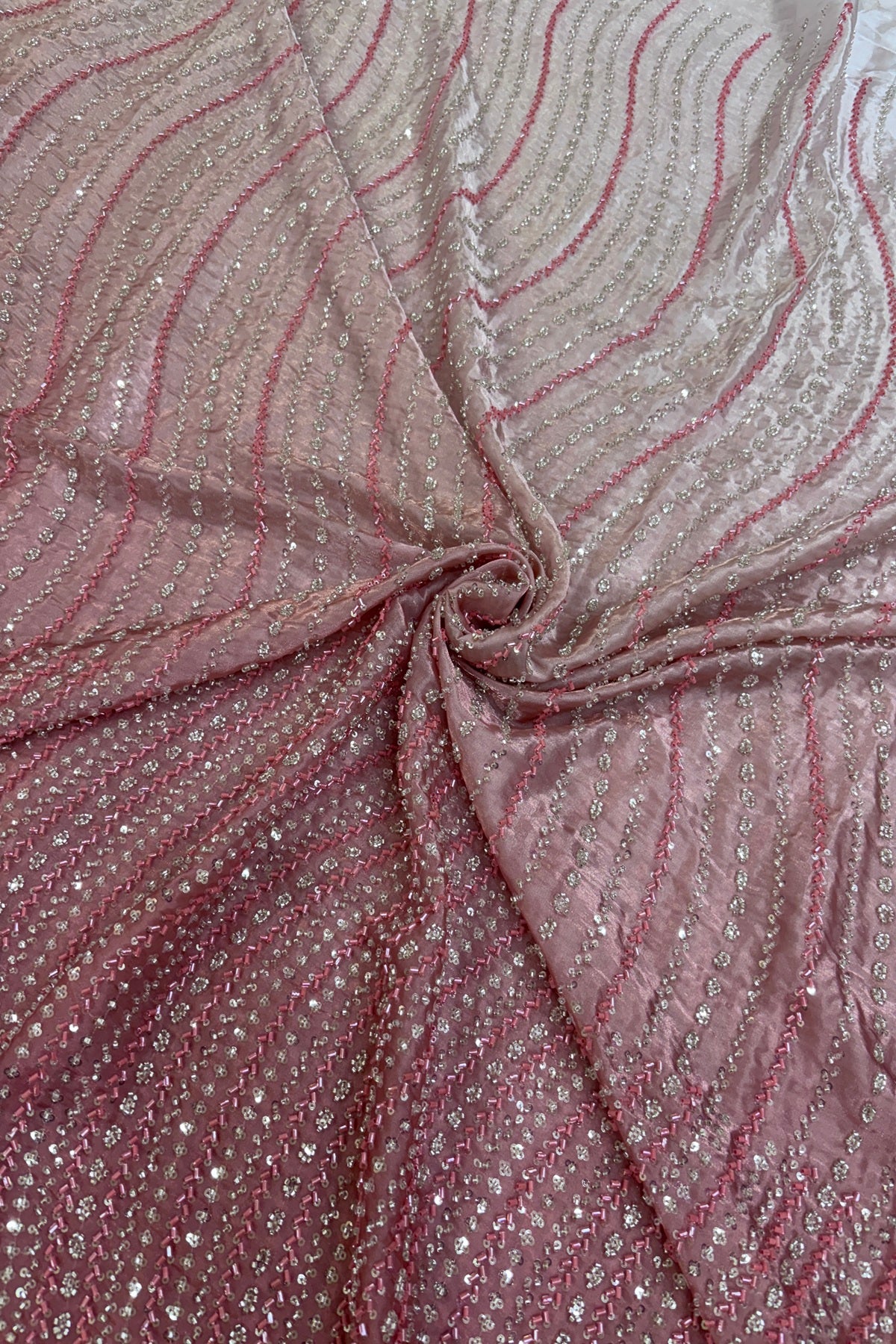 Hues Of Peach Cross Wave Pattern Embroidered With Cutbeads & Sequins Space Silk Fabric