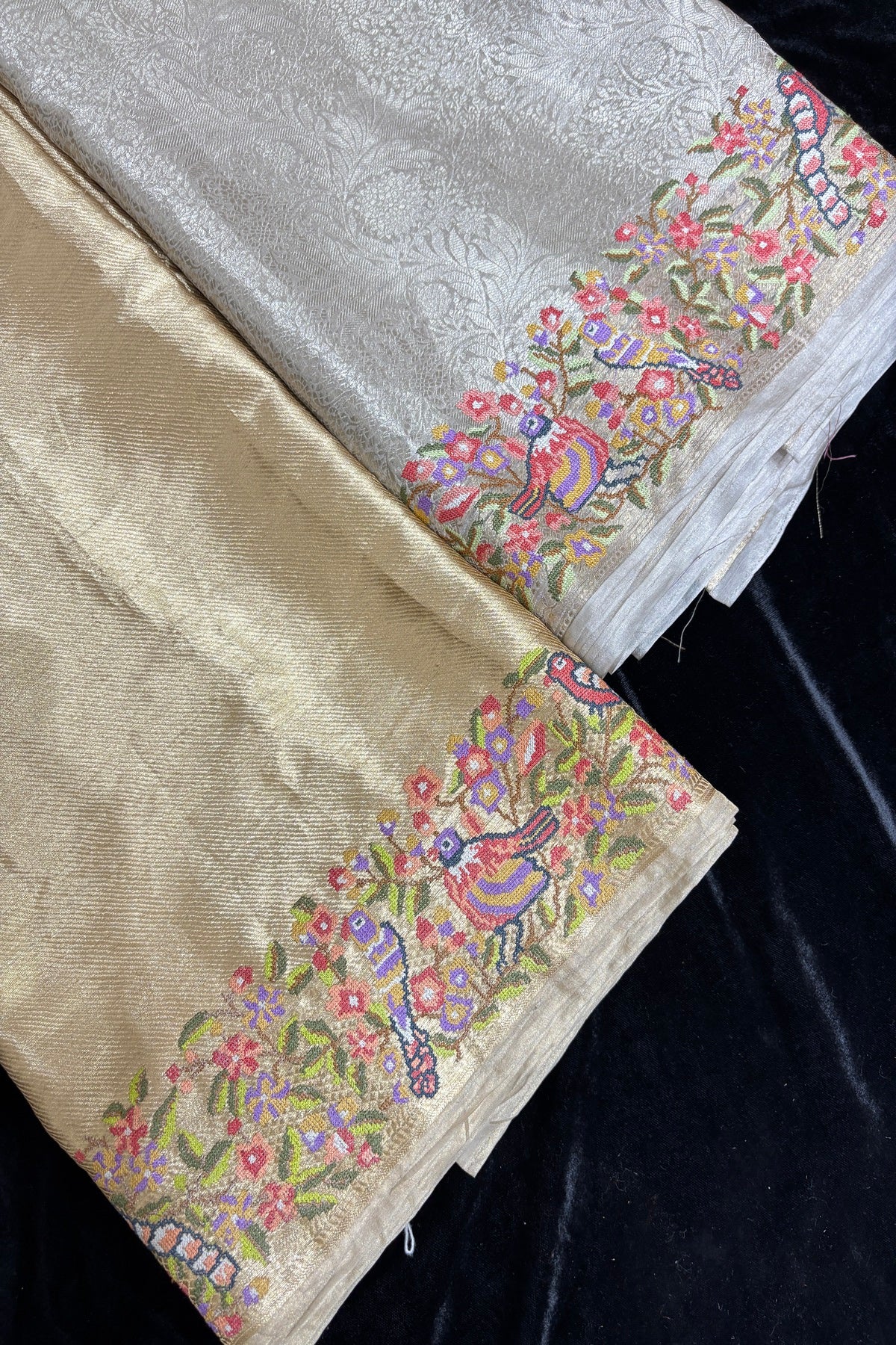 Self Brocade Woven With Parsi Embroidery Silver Pure TIssue Fabric