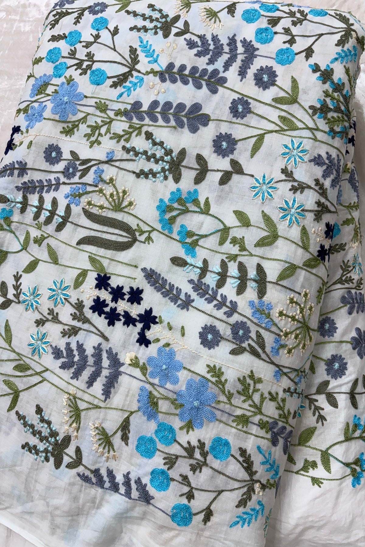 Flora & Fauna Theme Blue Multicolored Threads Embroidered Mul Cotton fabric