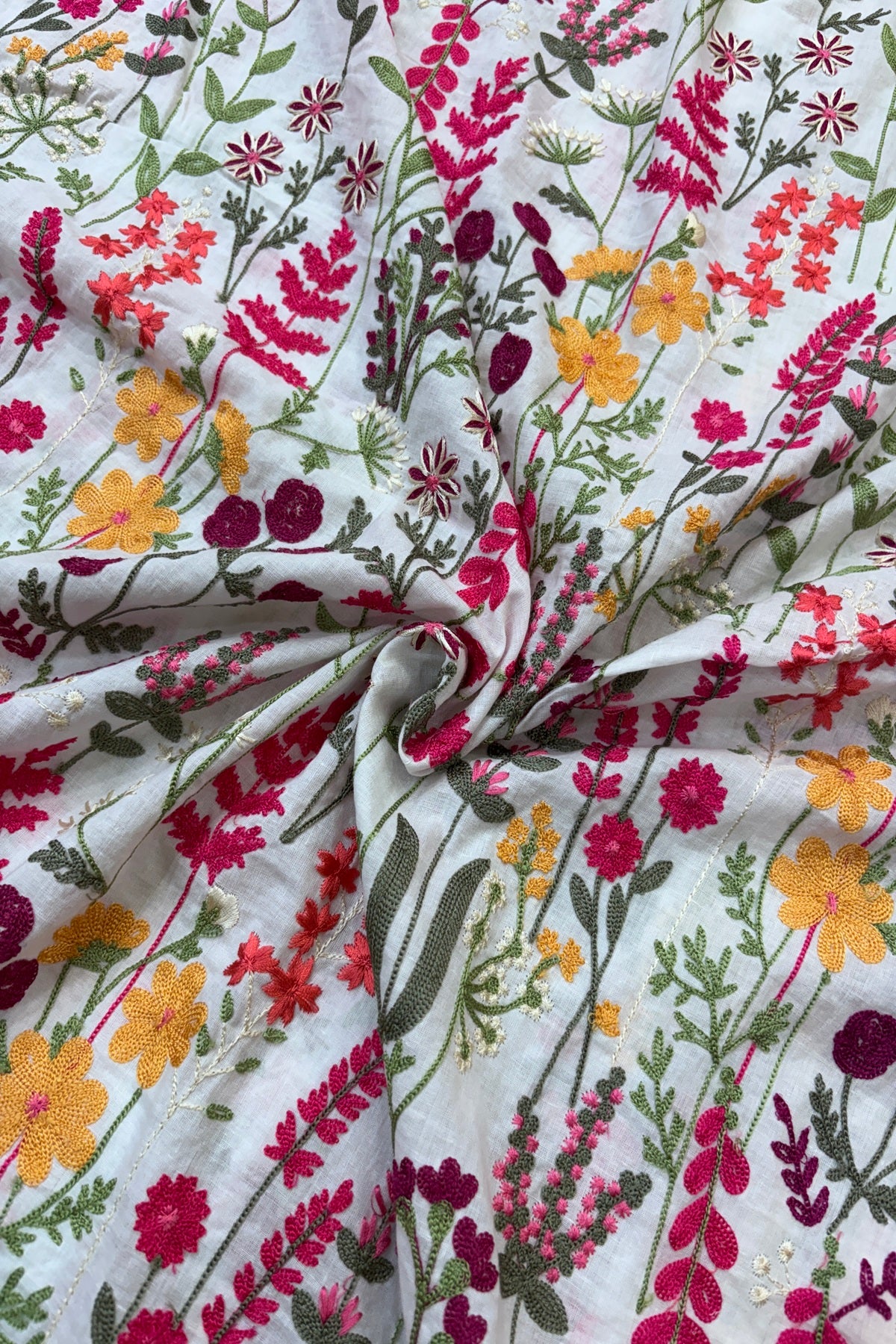 Flora & Fauna Theme Pink Multicolored Threads Embroidered Mul Cotton fabric