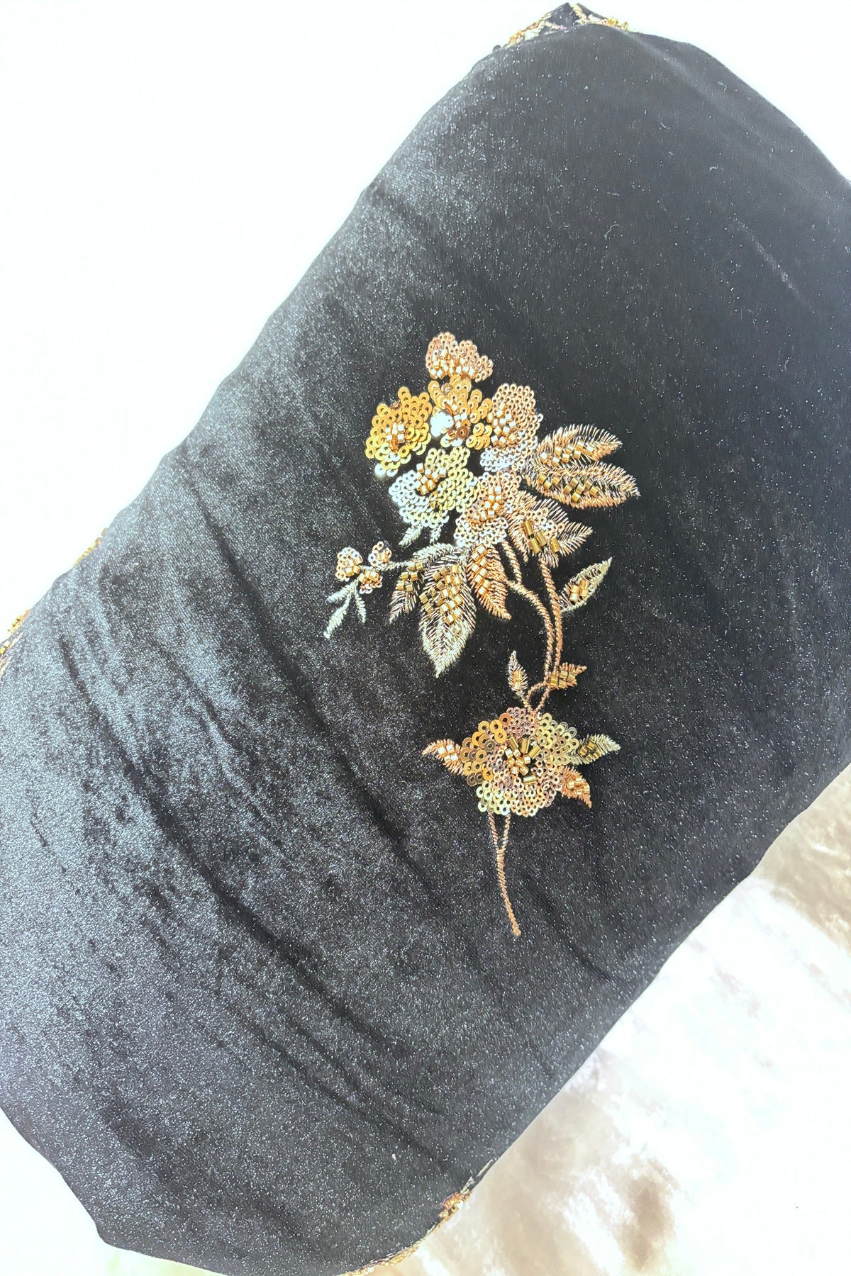 Golden Antique Rose Floral Bunches Embroidered With Sequins & Cut Beads Black Velvet Fabric