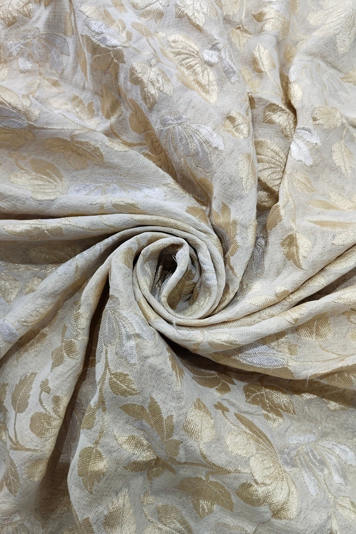 Silver & Golden Lotus Flower Zari Woven Pure Georgette Fabric