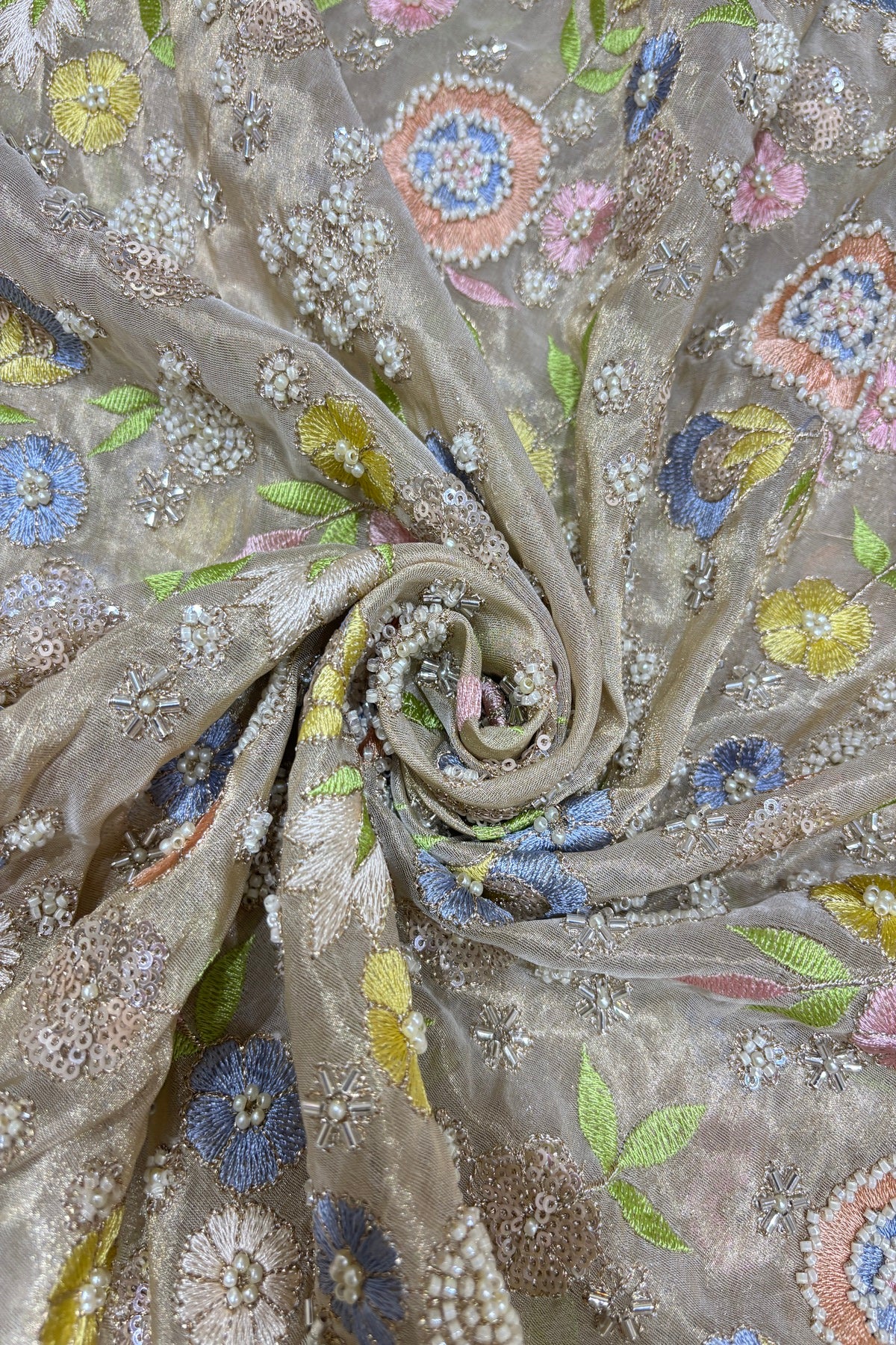 Multi Thread Floral Embroidery with Cutbeads & Pearls Highlighted Tissue Fabric