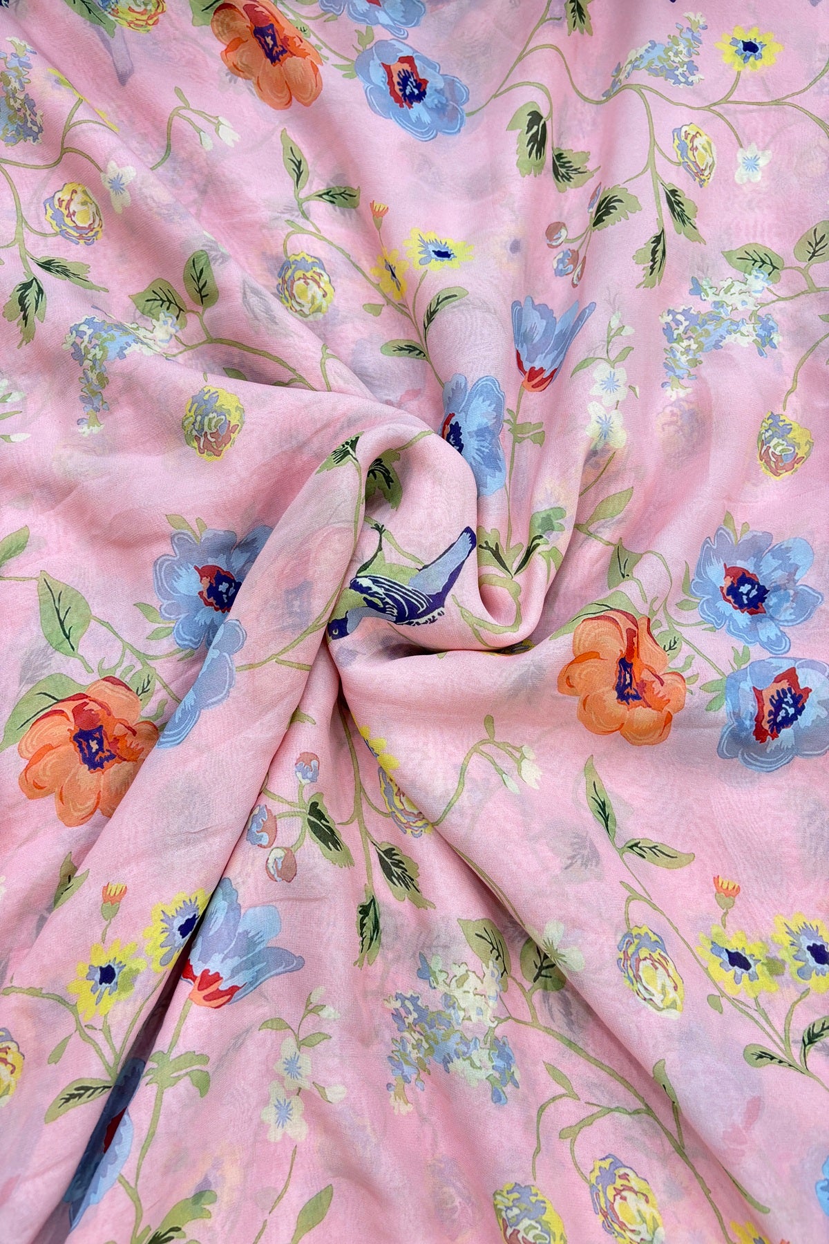 Birds & Floral Printed Pure Viscose Georgette Fabric
