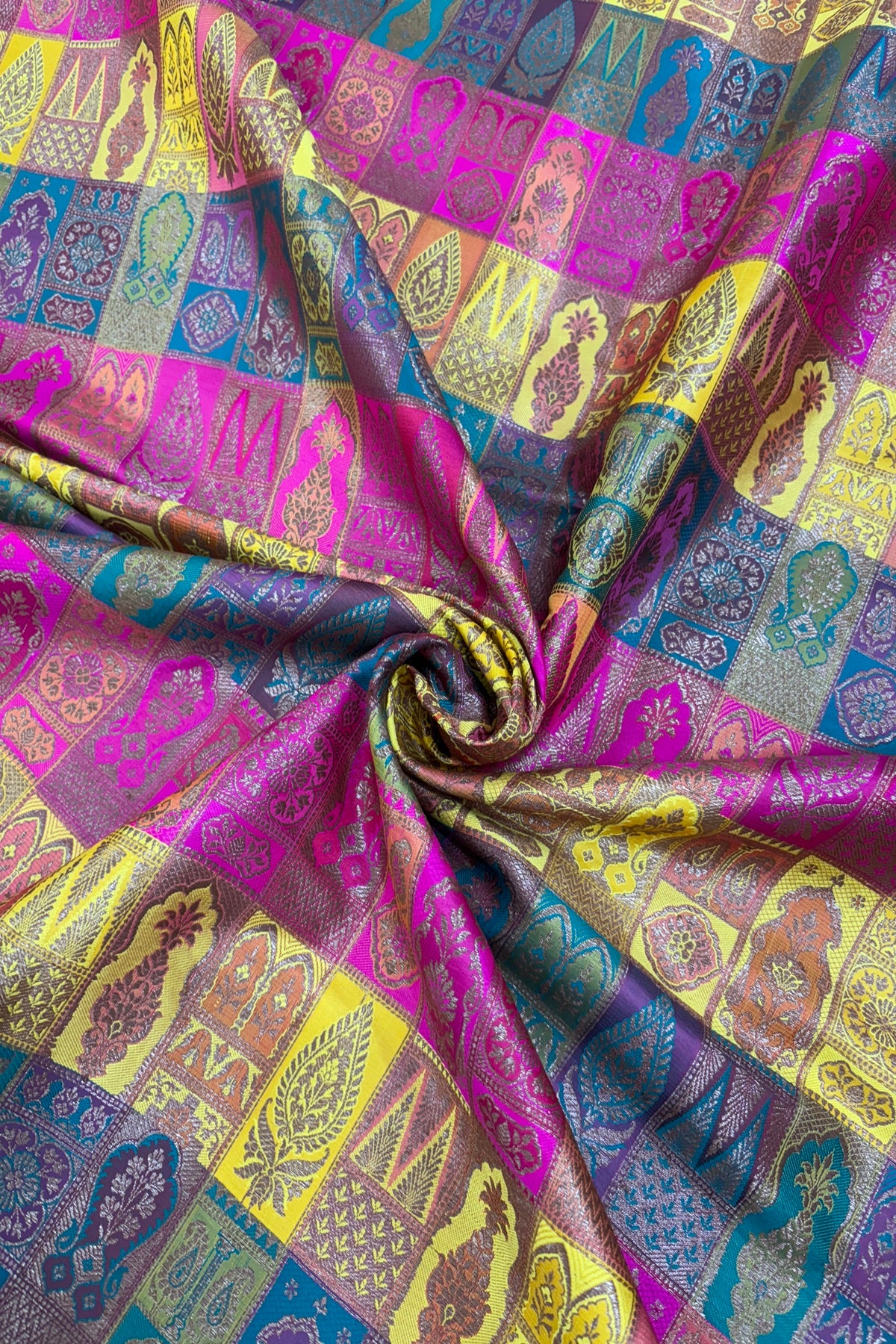 Multicolored & Multi Woven Motifs On Pure Banaras Katan Satin Silk Fabric