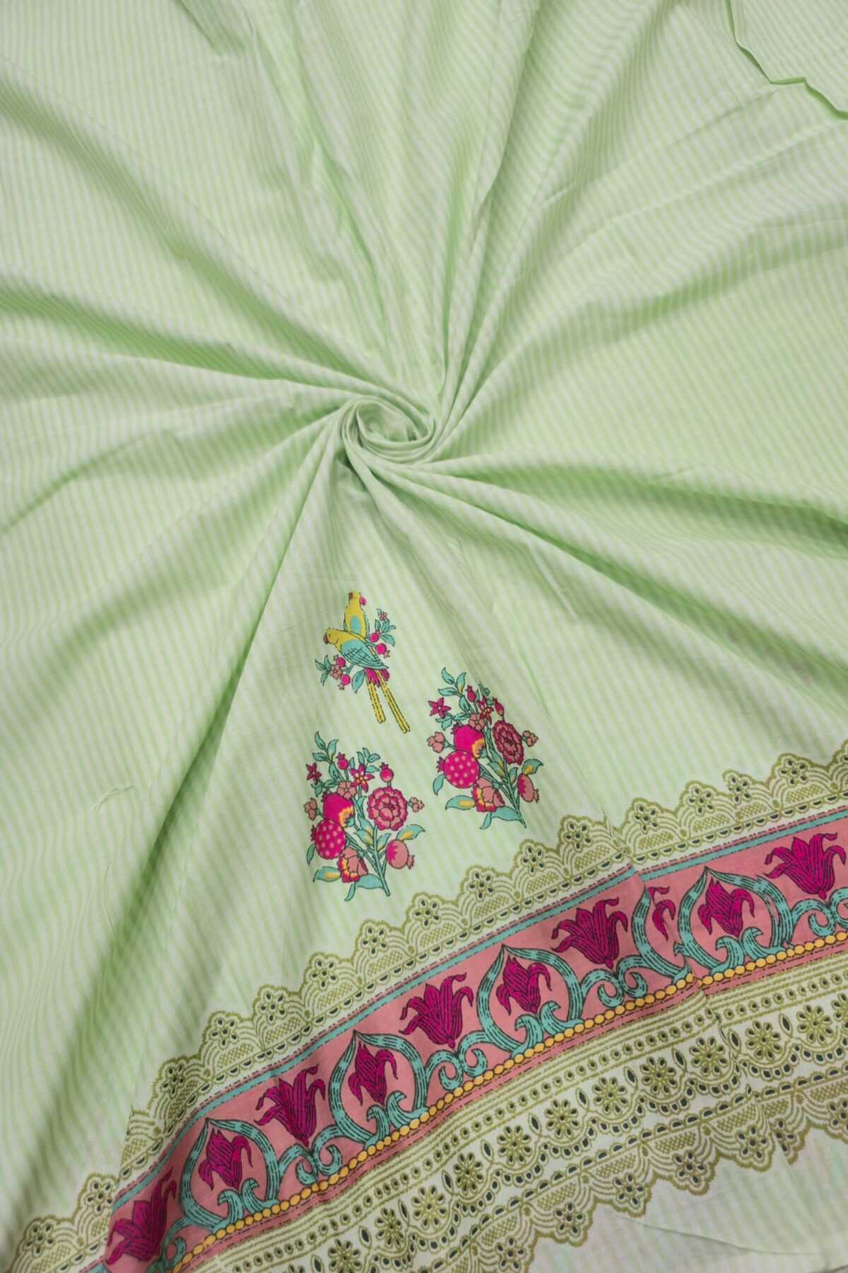 Self Horizontal Striped Cotton Fabric With Playful Deers,Plam Trees & Birds PrInted Border