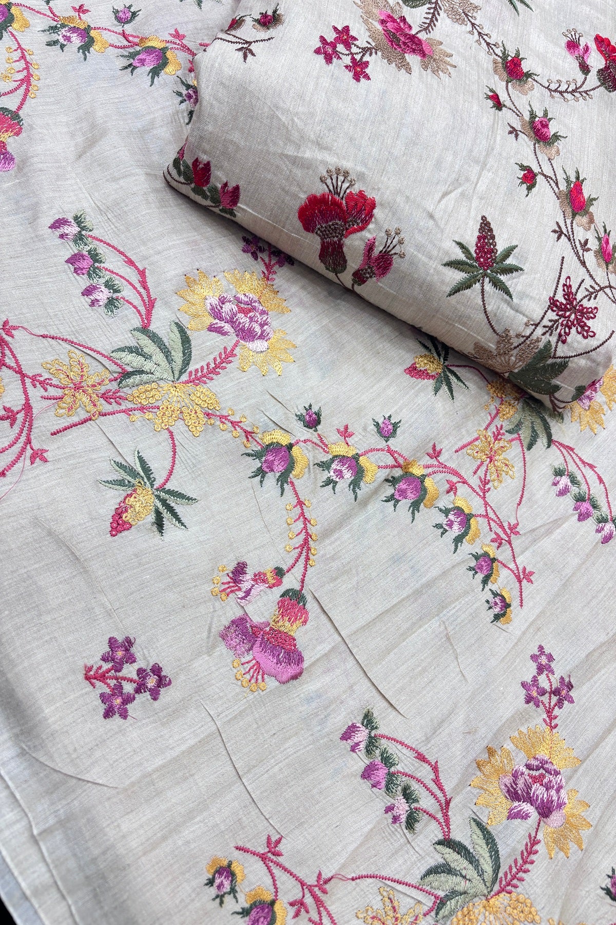 Red & Peach Wild Floral Creeper Embroidered Pure Munga Tussar Fabric