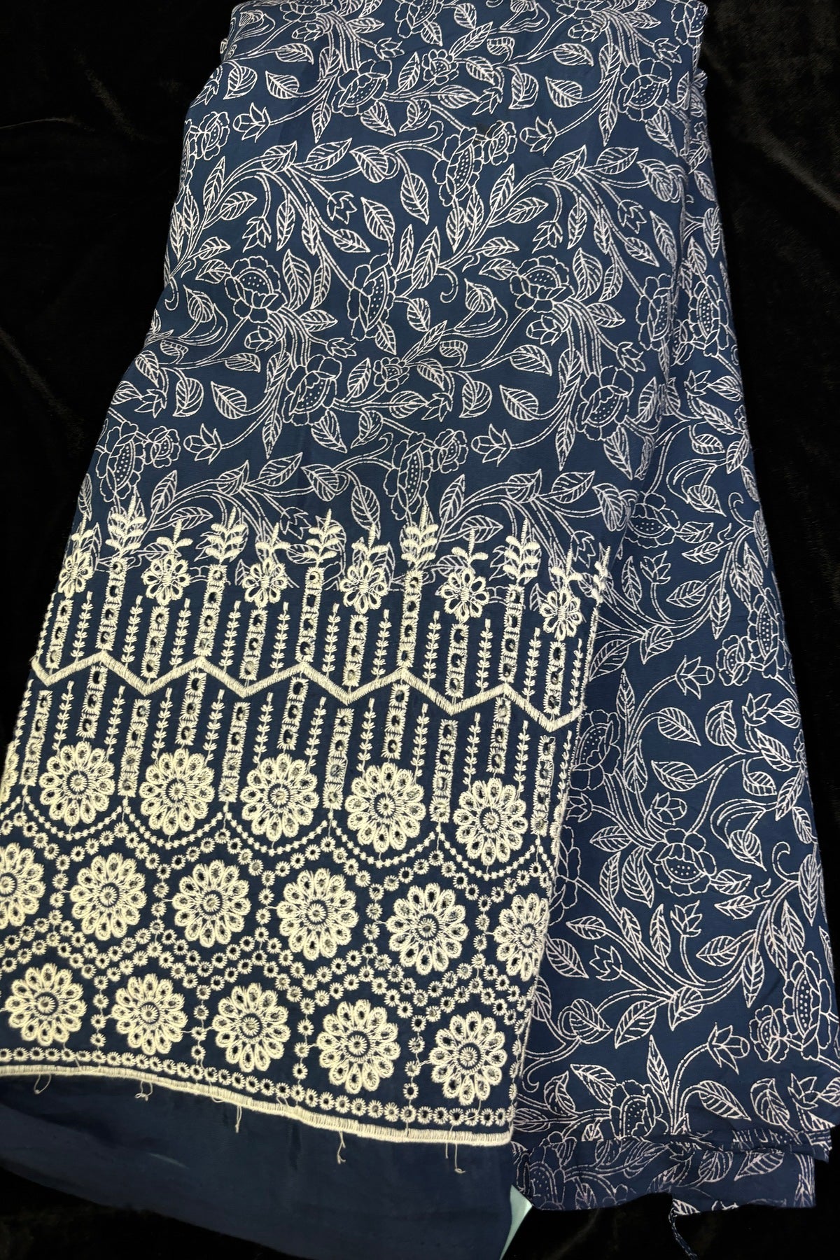 Floral Vine Prints With Schiffli Worked Border Modal Satin Fabric