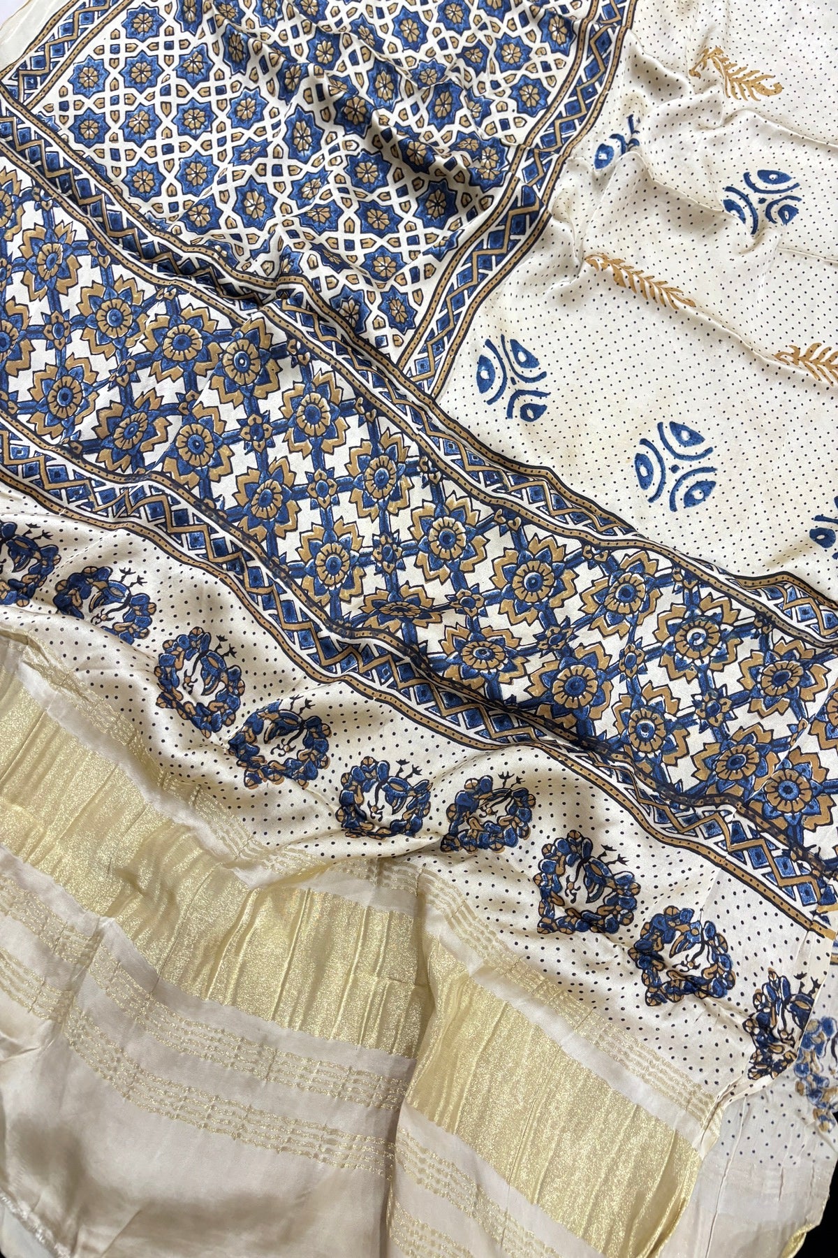 Geometrical Traditional & Polka Printed Off White Ajrak Modal Satin Dupatta