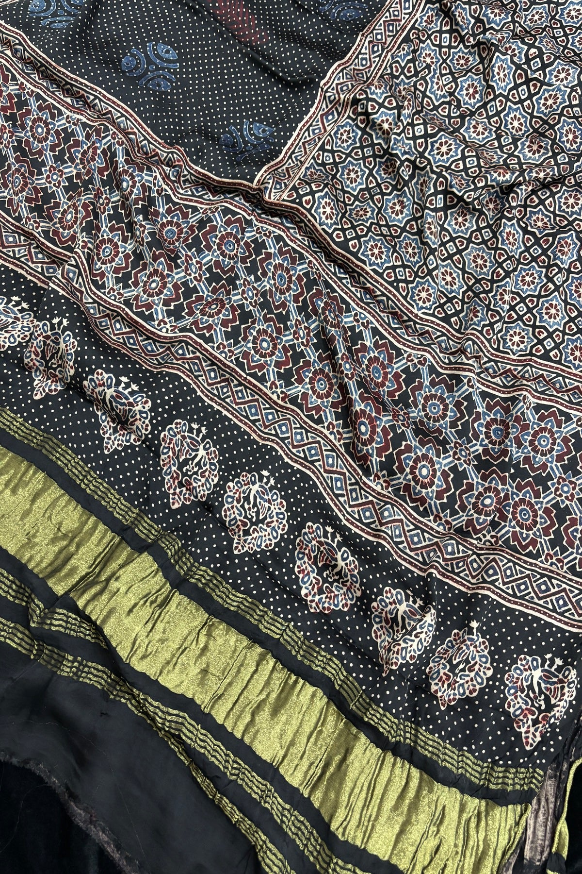 Geometrical Traditional & Polka Printed Black Ajrak Modal Satin Dupatta
