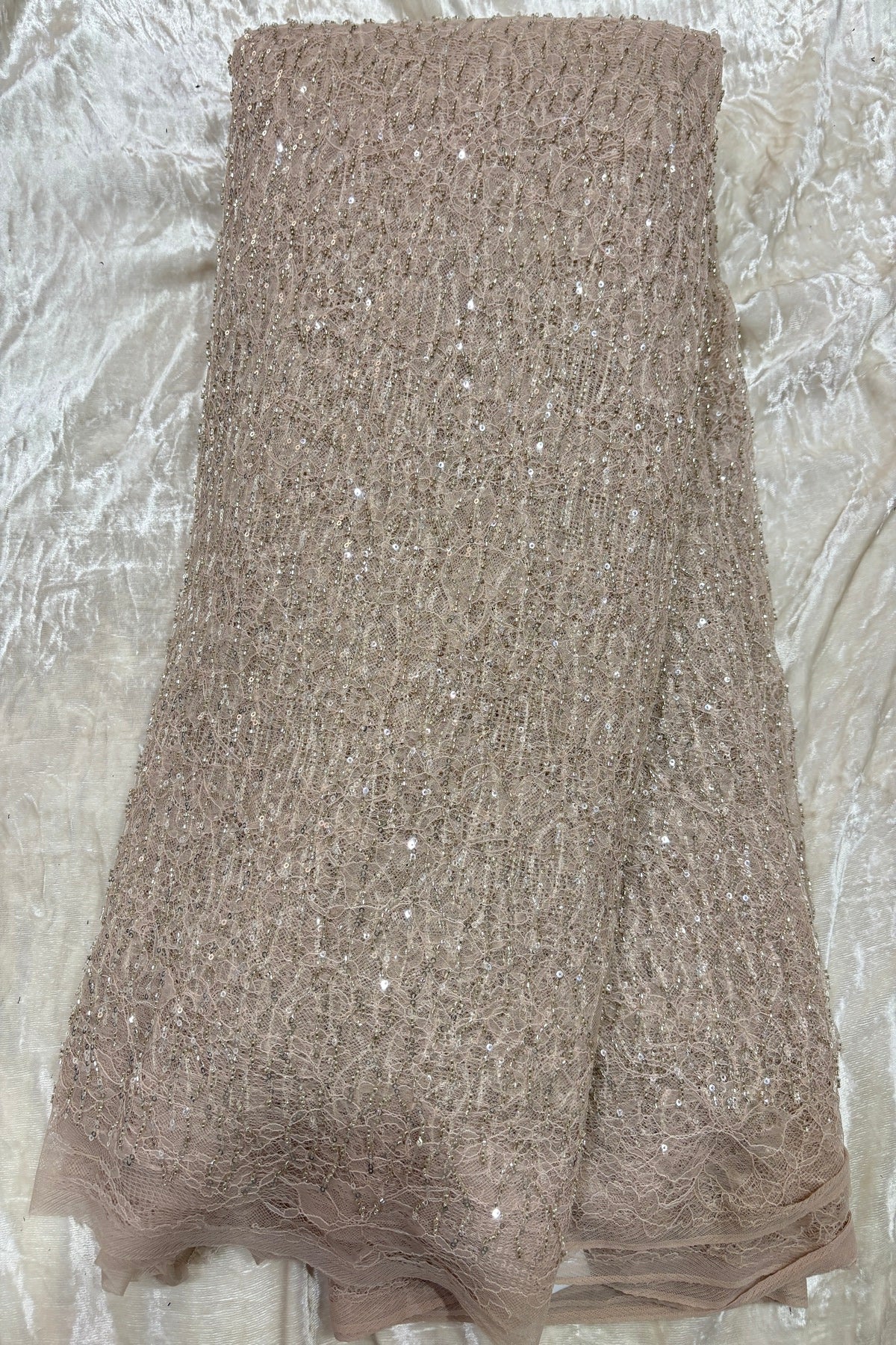 Linear Sequin & Cut Bead Embroidered Bridal Lace Braso Net Fabric