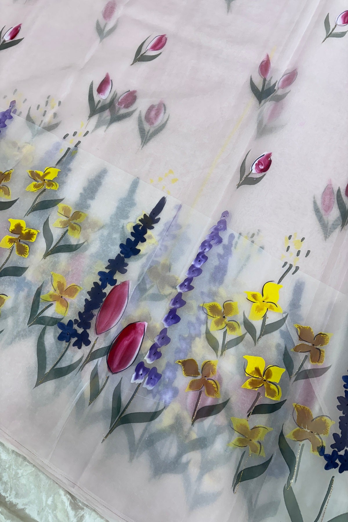 Baby Pink Wild Floral Hand Painted Organza Saree