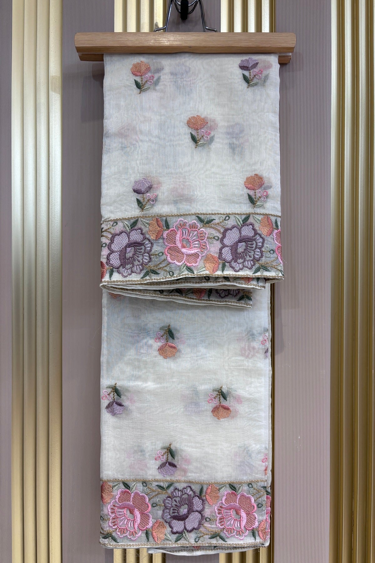 Pink & Violet Floral Off White Pure Mul Chanderi Dupatta