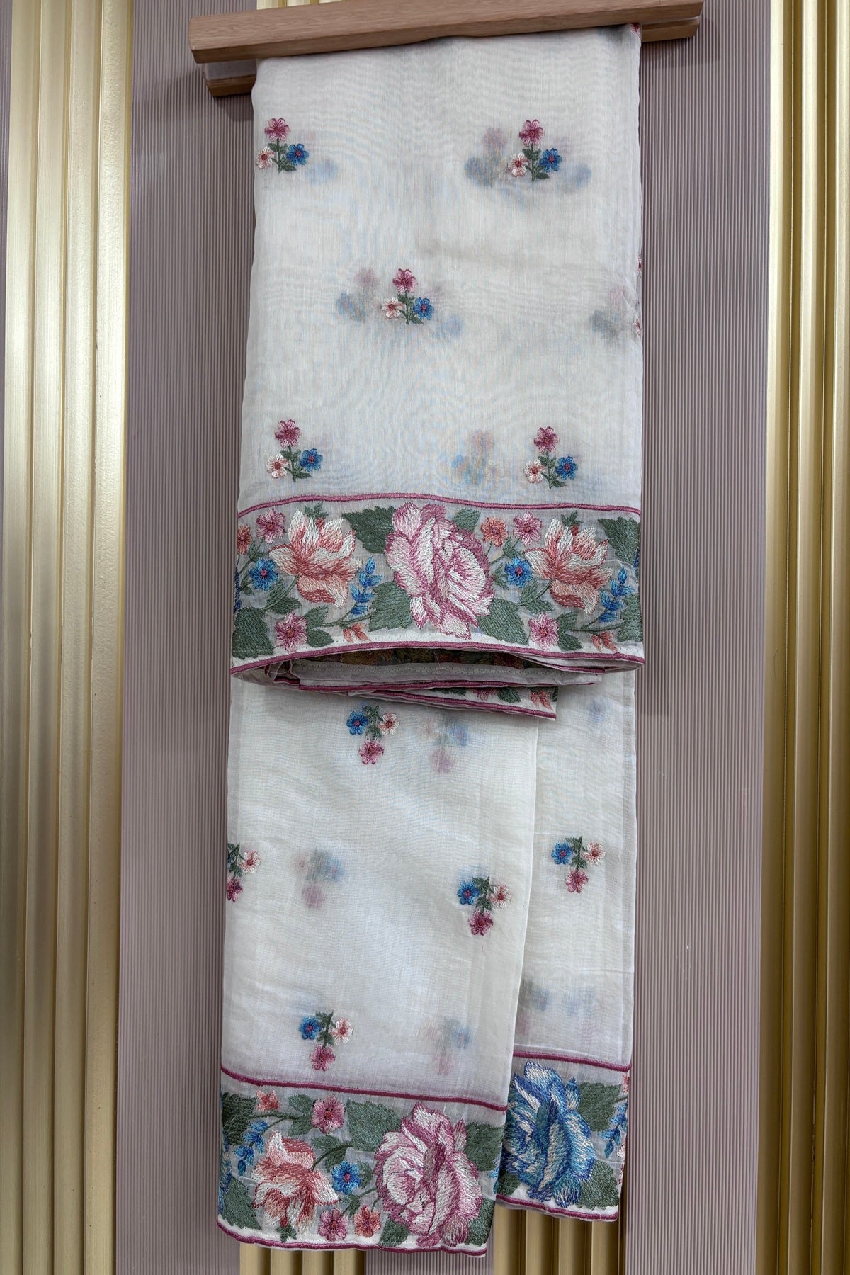 Pink & Blue Rose Floral Off White Pure Mul Chanderi Dupatta