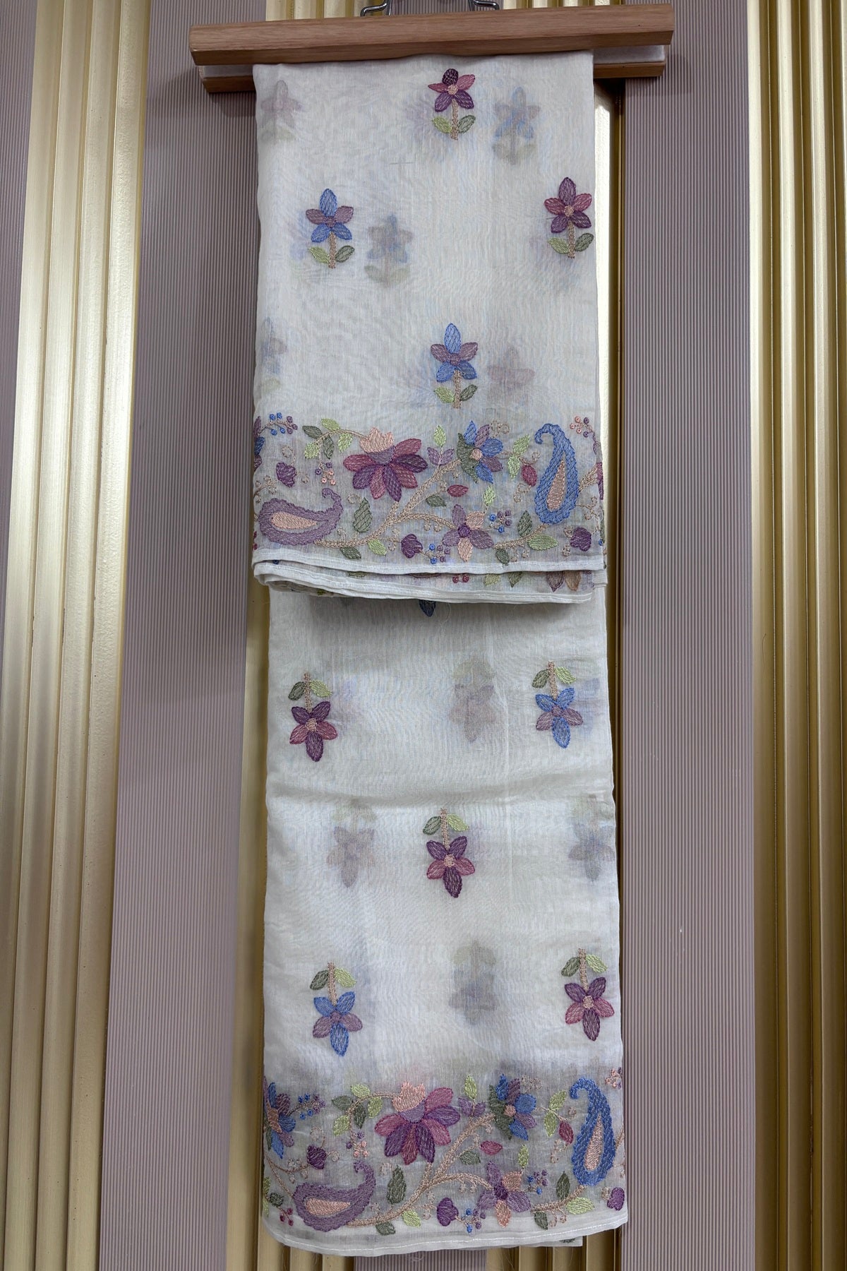 Multicolor Pastel Floral With Mangoes Off White Pure Mul Chanderi Dupatta