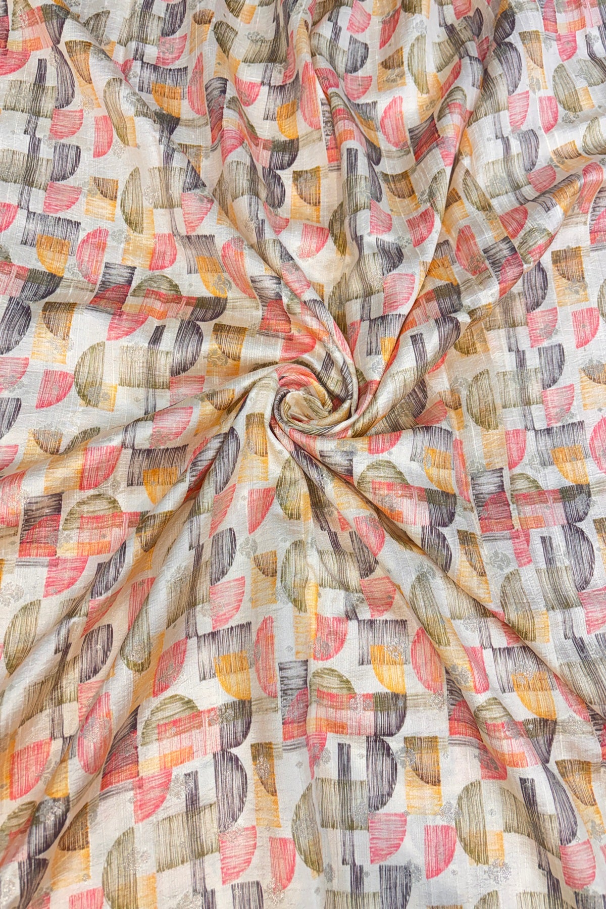 Ivory Geometrical Printed Zari Butties On Pure Rawsilk Fabric