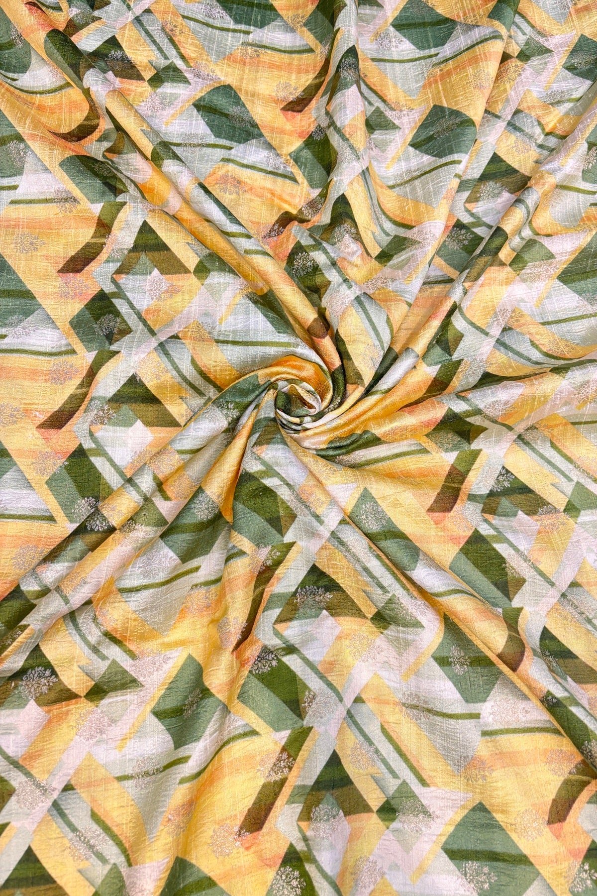 Hues Of Green & Yellow Geometrical Printed Zari Butties On Pure Rawsilk Fabric